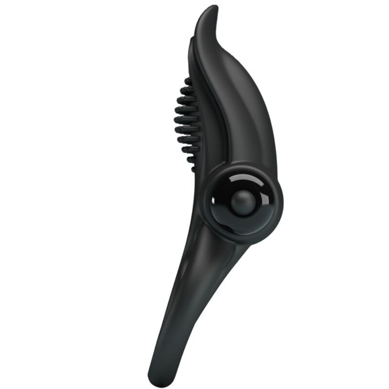 Schwarzer Penisring mit einem Stimulationsbereich und einem Knopf. Blick von der Seite.