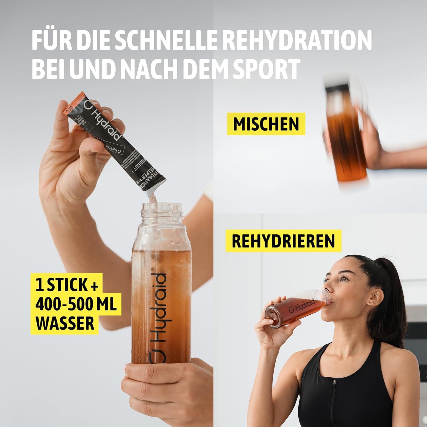 Anweisungen: 1 Stick + 400-500 ml Wasser. Mischen, Rehydrieren. Frau trinkt. Hydraid-Logo, Getränk in Flasche.