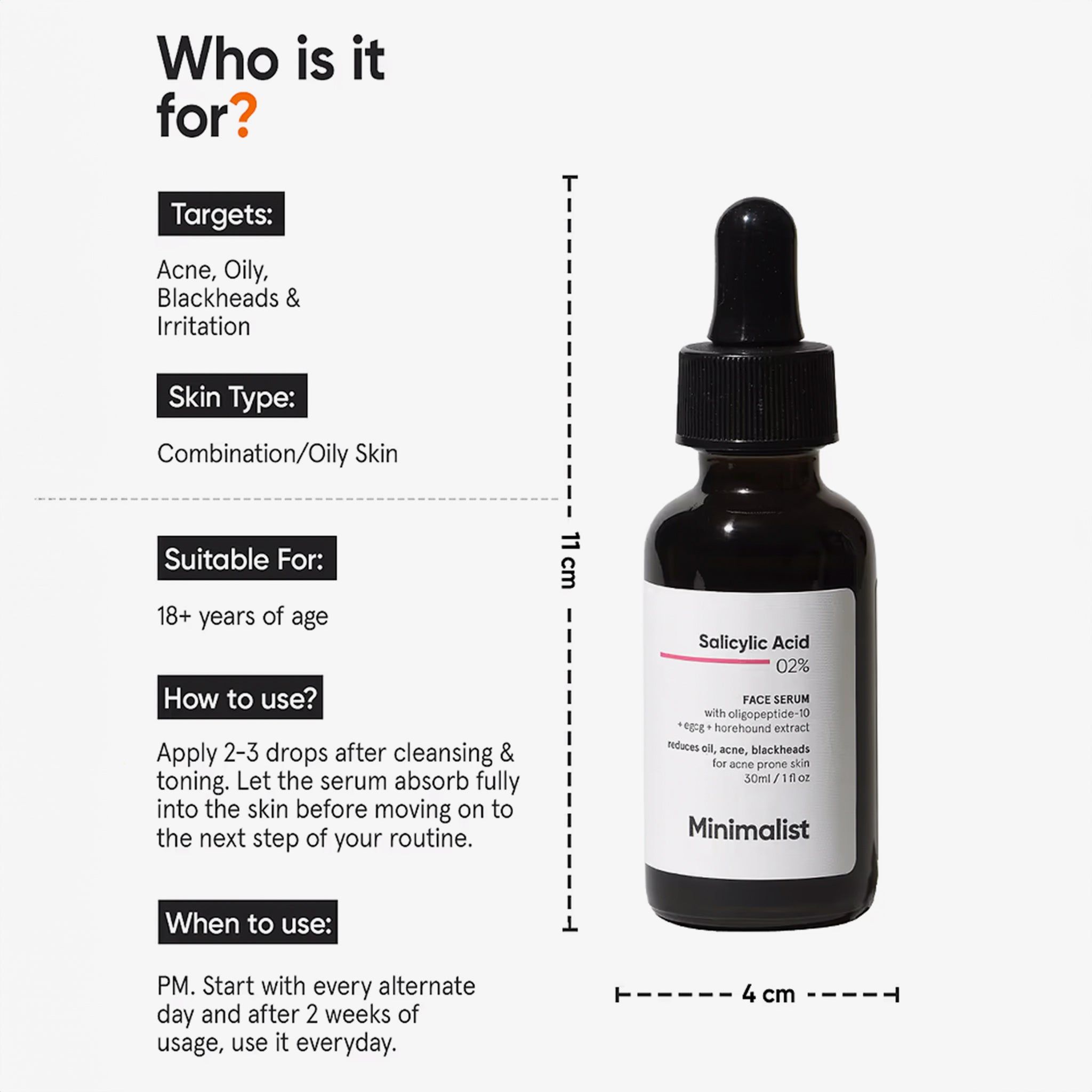 Flacon de produit avec texte et dimensions. "Salicylic Acid 02%" et "Minimalist" visibles.