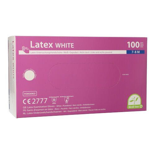 Rosa Karton mit weißen Latex-Untersuchungshandschuhen. Aufschrift "Latex WHITE", "100", "7-8 M", CE-Kennzeichnung und Medi-Inn Logo.