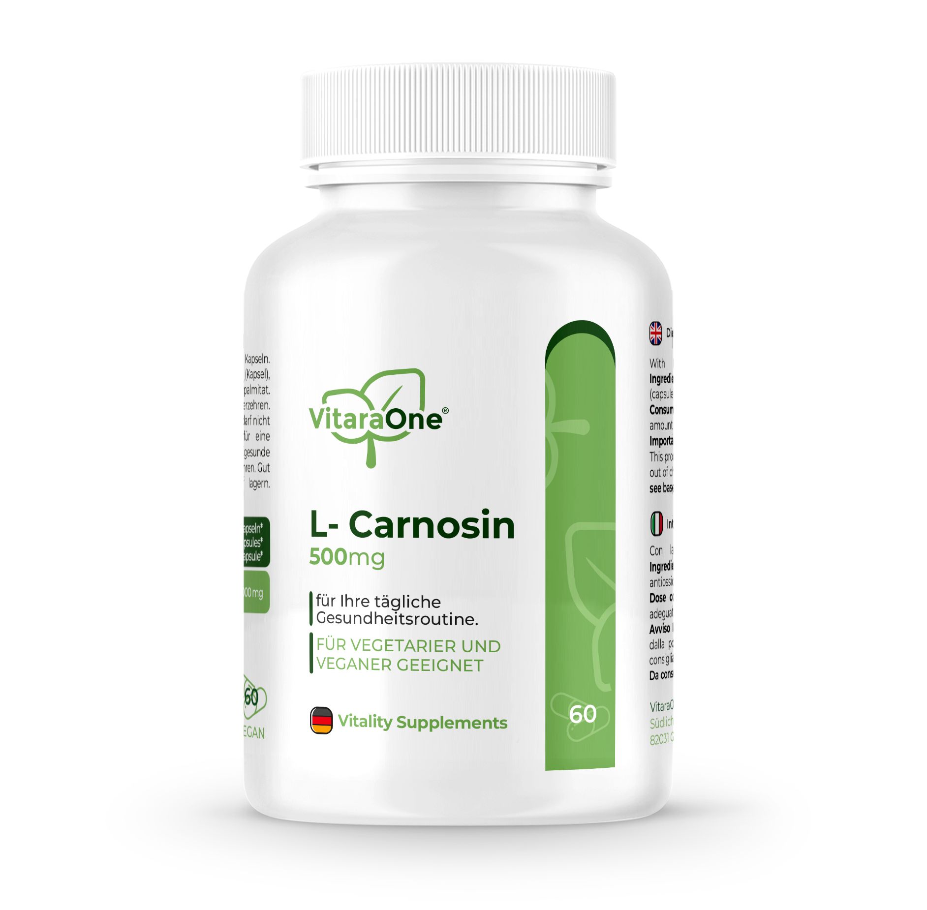Weiße Flasche mit grünen Akzenten. Aufschrift: VitaraOne L-Carnosina 500mg. Für Vegetarier und Veganer geeignet. 60 Kapseln.