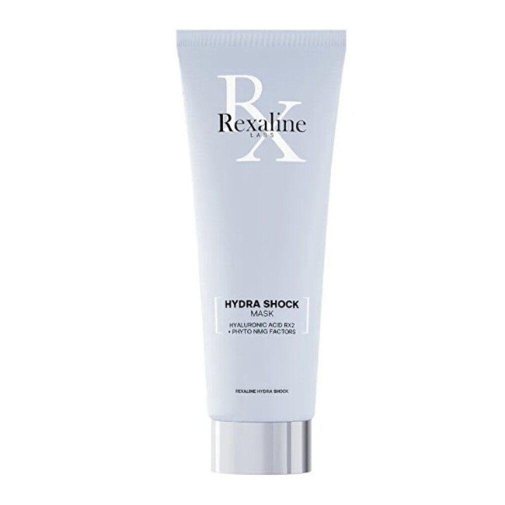 Hellblaue Tube mit Rexaline-Logo und Produktbezeichnung Hydra Shock Mask. Silberfarbener Verschluss.