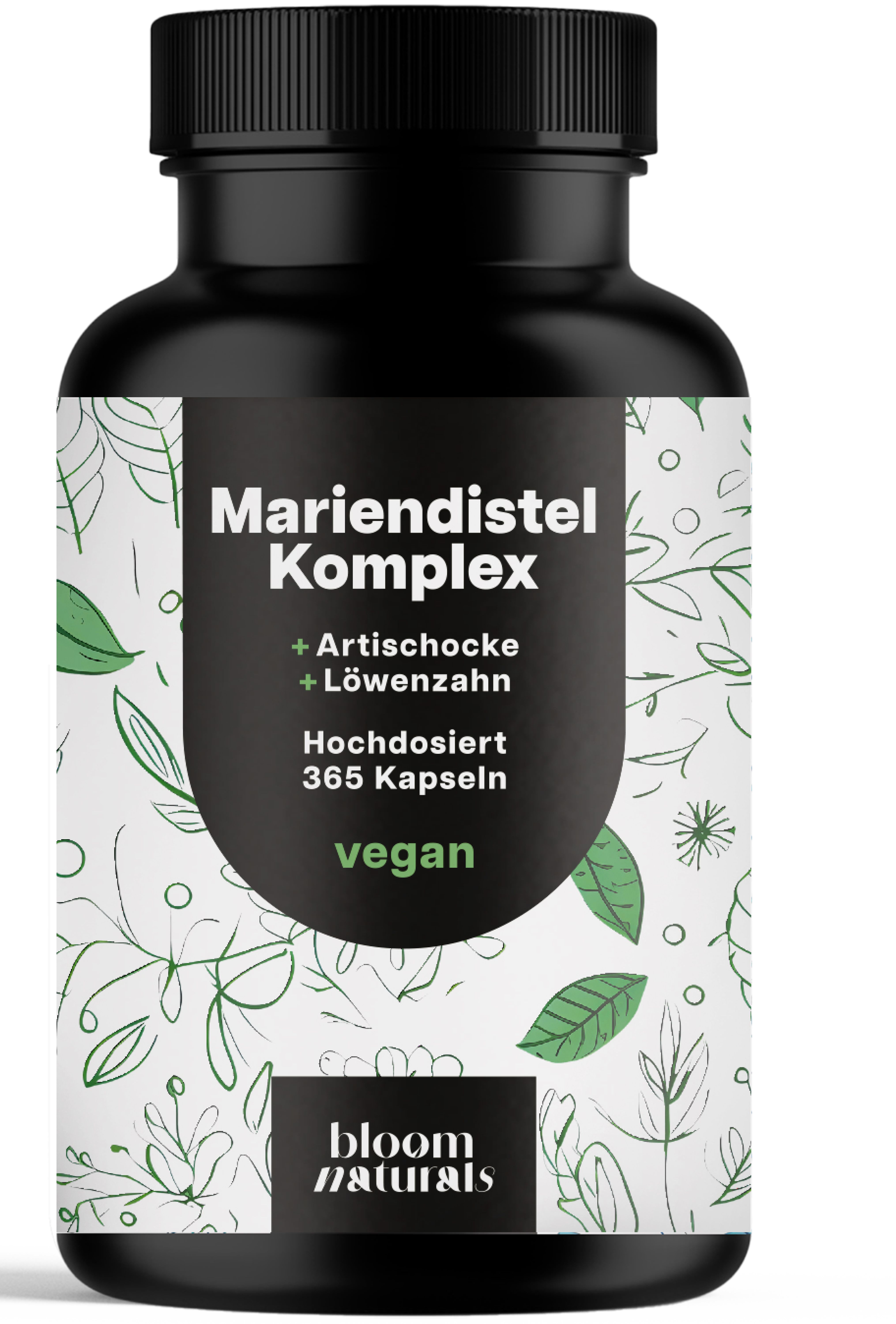 Schwarze Flasche mit Mariendistel Komplex. Enthält Artischocke, Löwenzahn. 365 Kapseln. Vegan. Marke: Bloom Naturals.
