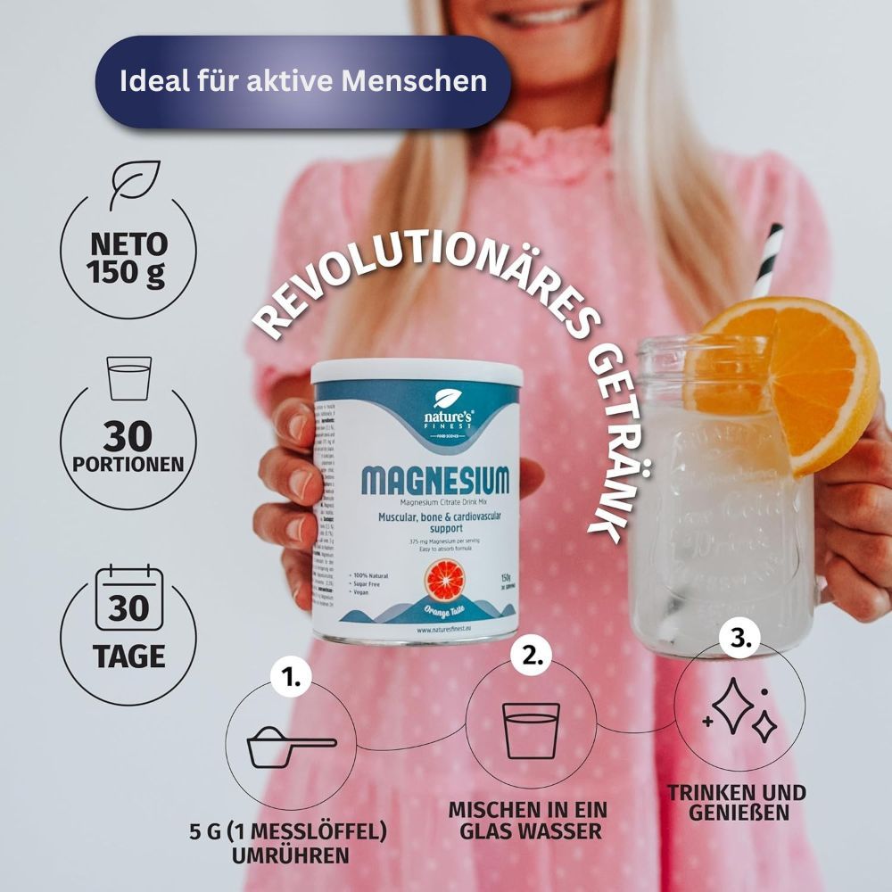 Frau mit Getränk. Dose "Magnesium" und Anweisungen: 1. 5g umrühren, 2. In Wasser mischen, 3. Trinken. Text: "Revolutionäres Getränk".