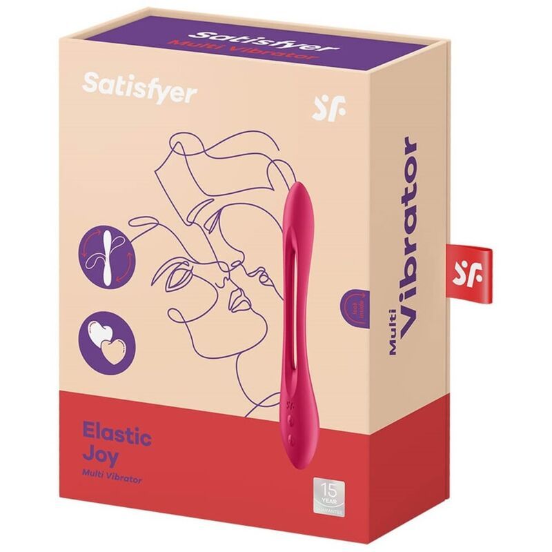 Verpackung mit Logo, Produktname und Illustrationen. Rosa Vibrator mit Öffnung. Produktname: Elastic Joy Multi Vibrator.