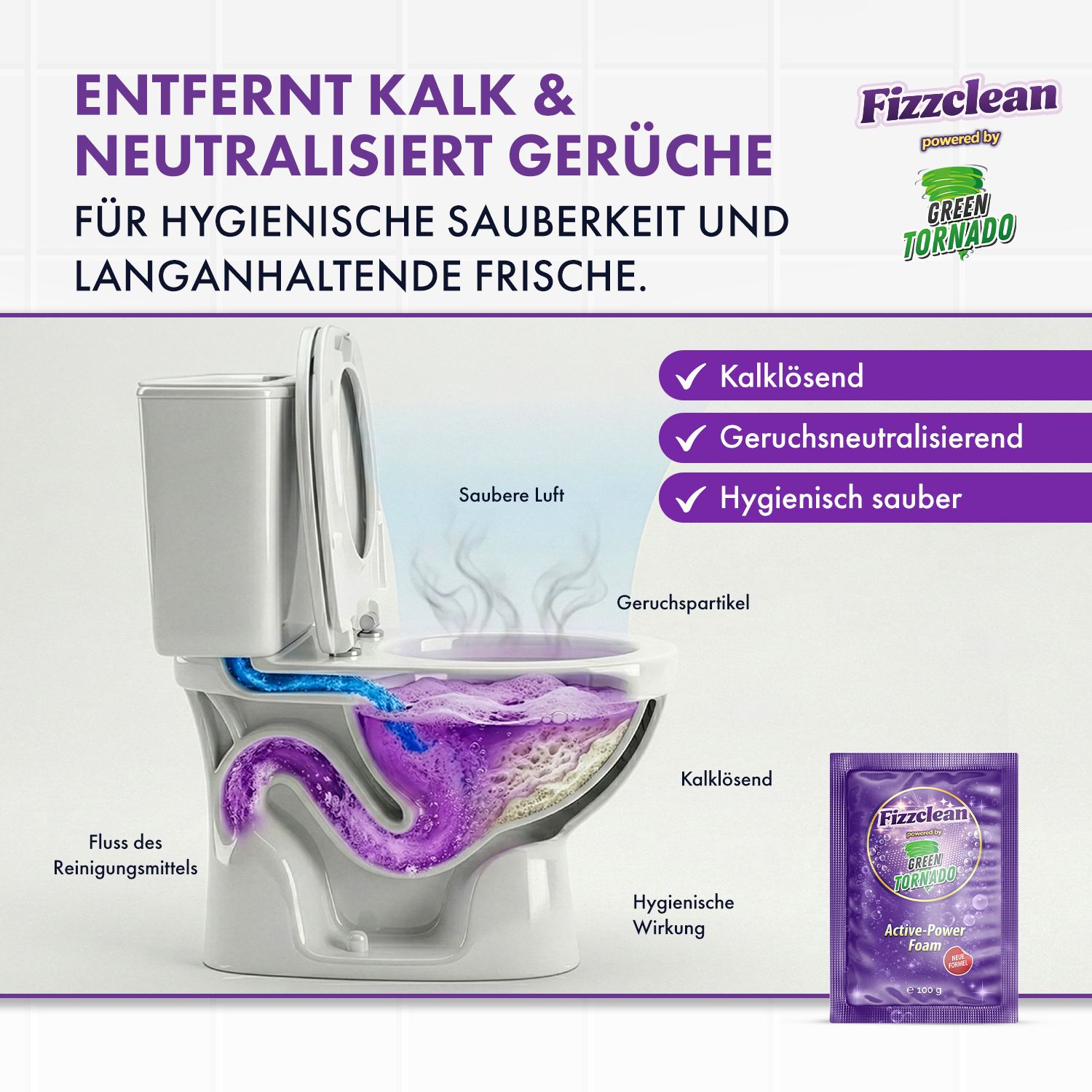 Reinigungsflüssigkeit in einer Toilette, die Kalk und Gerüche neutralisiert. Daneben eine Fizzclean-Packung.