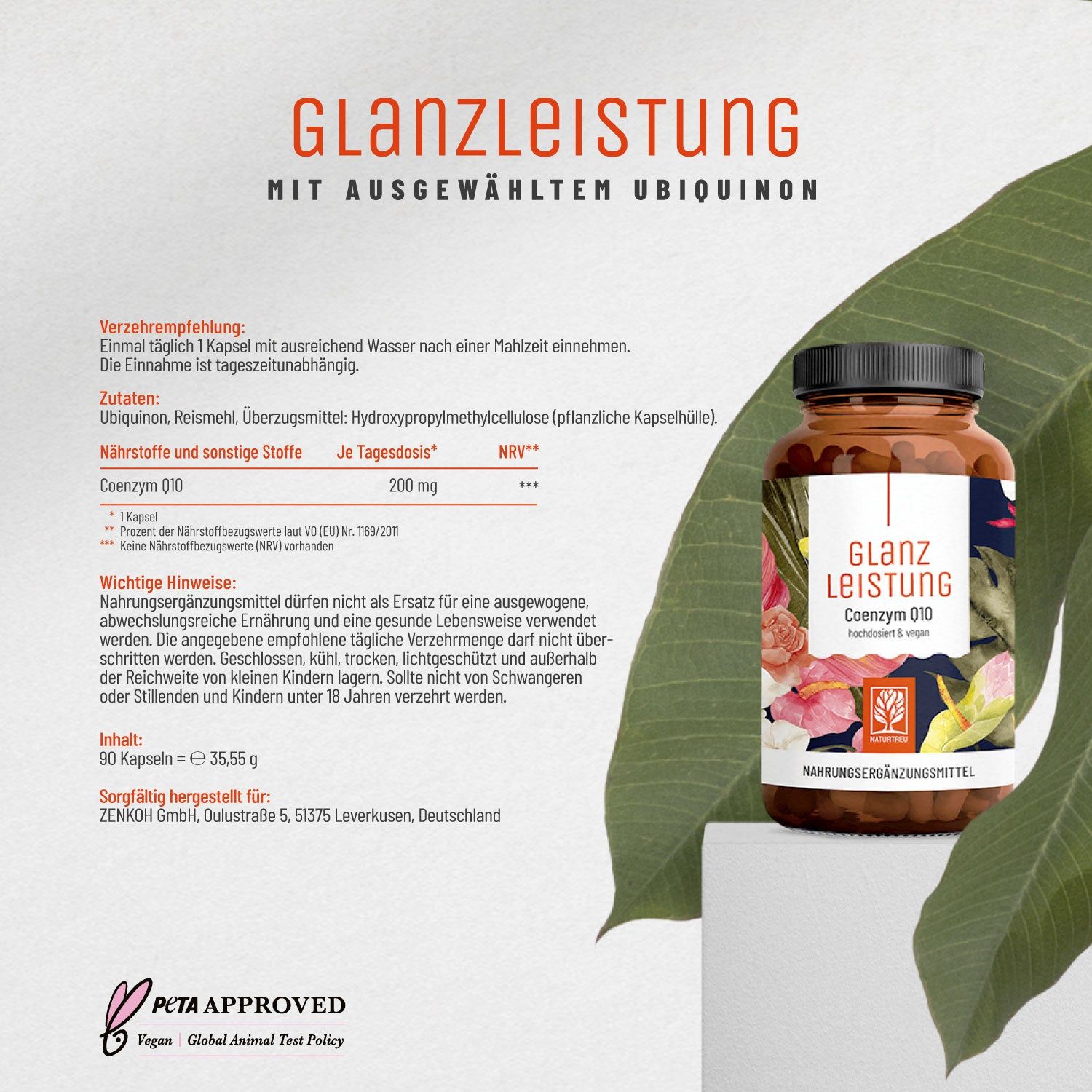 Produktetikett GlanzLeistung. Braune Flasche mit schwarzem Deckel. Text: Coenzym Q10. PETA-Logo. Vegan.