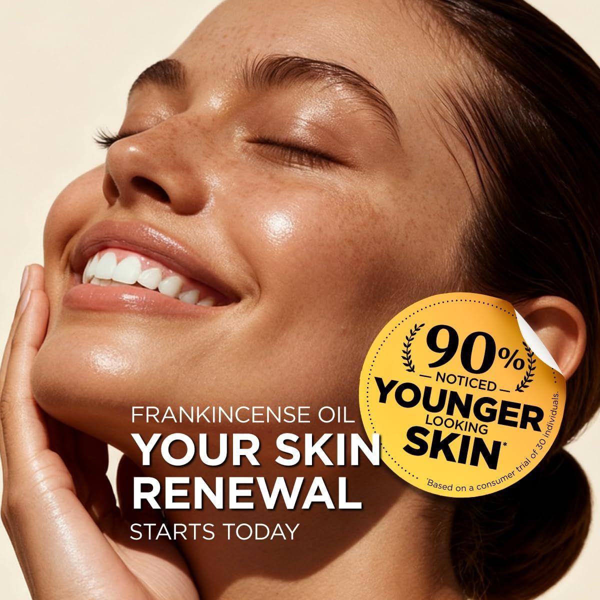 Frau mit strahlender Haut. Aufkleber mit der Aufschrift "90% jünger aussehend". Text: Weihrauchöl, Hauterneuerung beginnt heute.