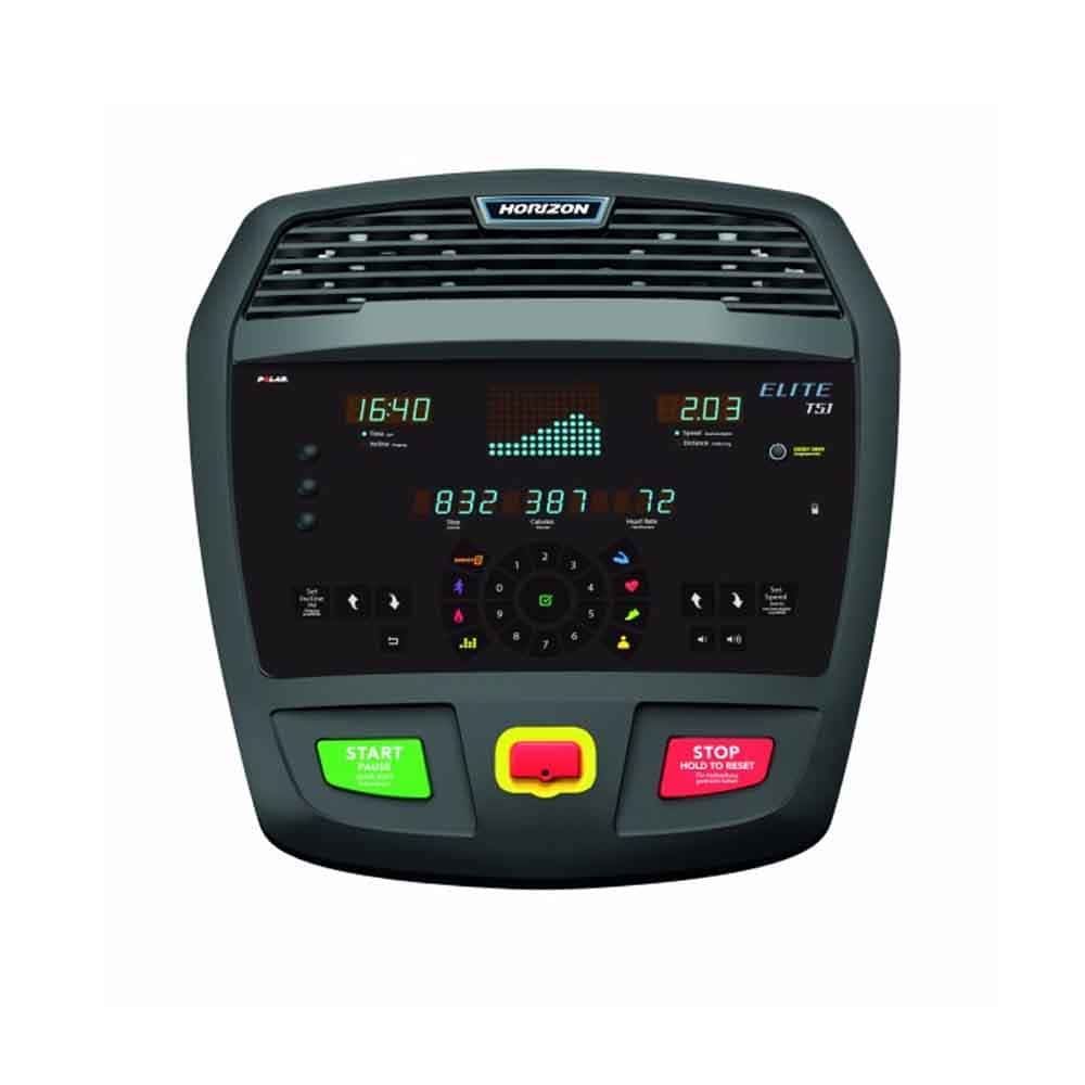 Laufband-Konsole. Schwarzes Gehäuse mit Display. Anzeige von Daten. Tasten: Start, Stopp. Marke: Horizon. Modell: Elite T5.1.