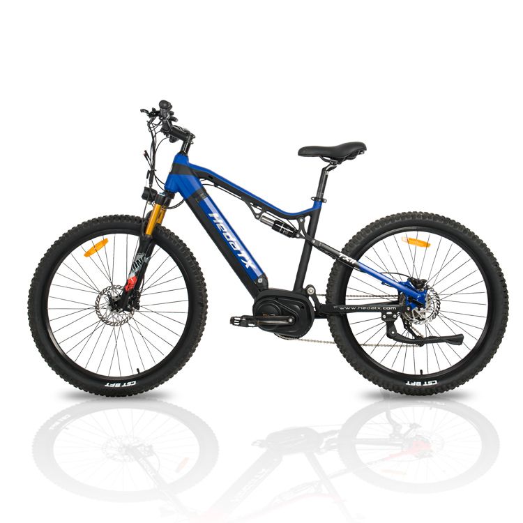 E-Mountainbike HedaTX TX11, schwarz-blau. Zentralmotor, 48V 15Ah Akku. Große Reifen, Scheibenbremsen, Federung.