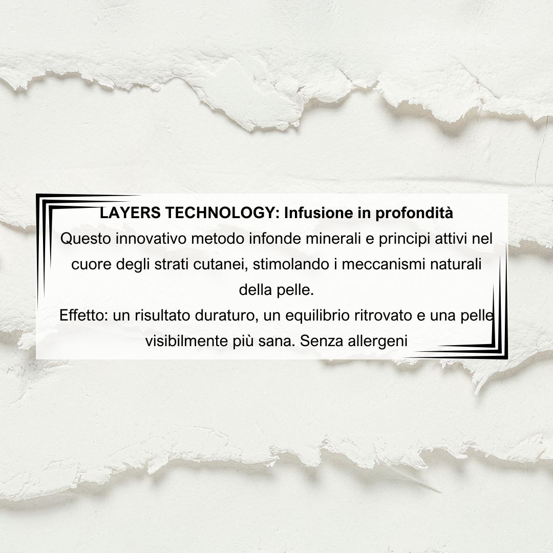 Testo su sfondo bianco: Layers Technology: Infusione in profondità. Metodo innovativo per pelle sana. Senza allergeni.