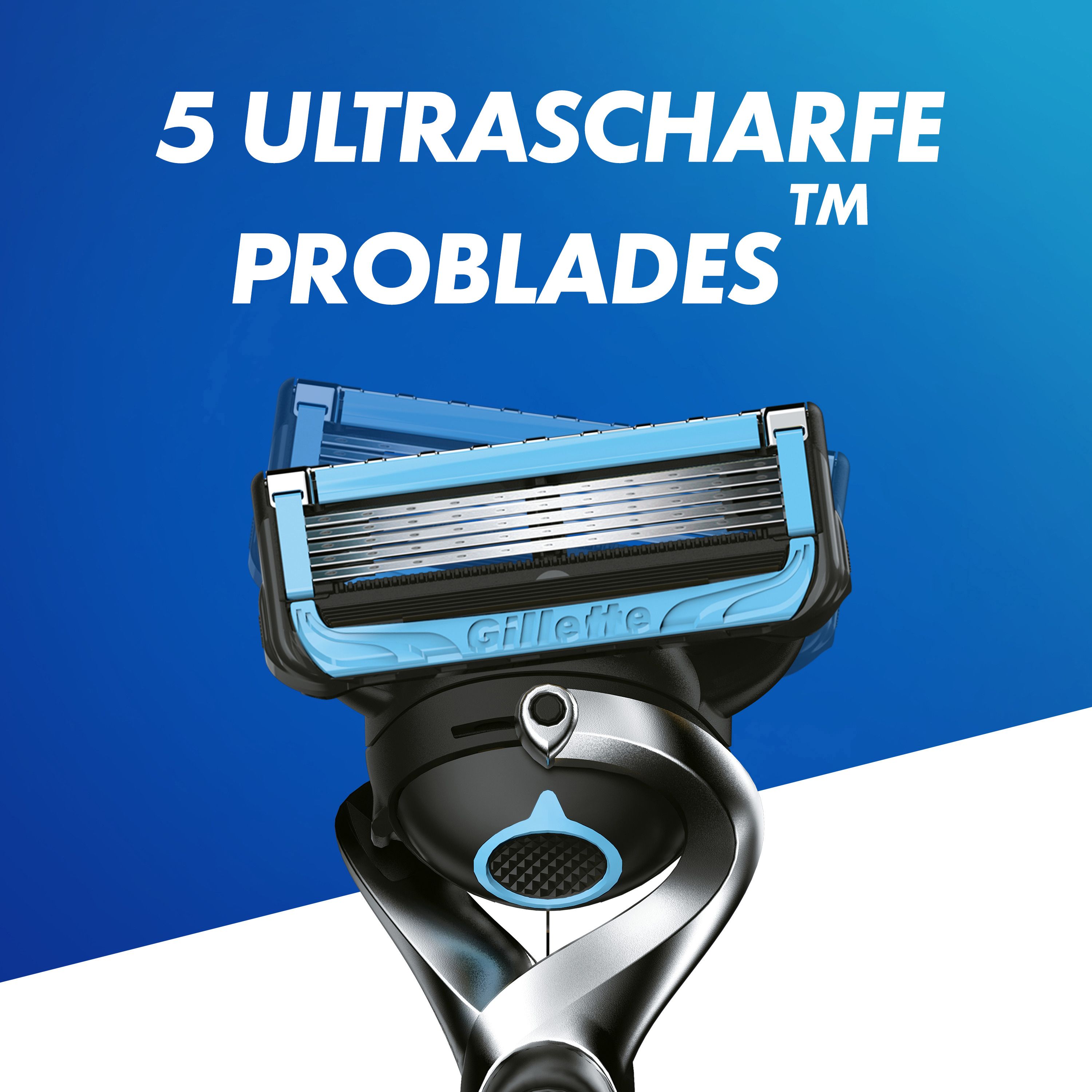 Rasierklingen mit 5 ultrascharfen Problades. Blaue Klingen mit silbernen Streifen. Schwarzer Griff. Gillette Logo.