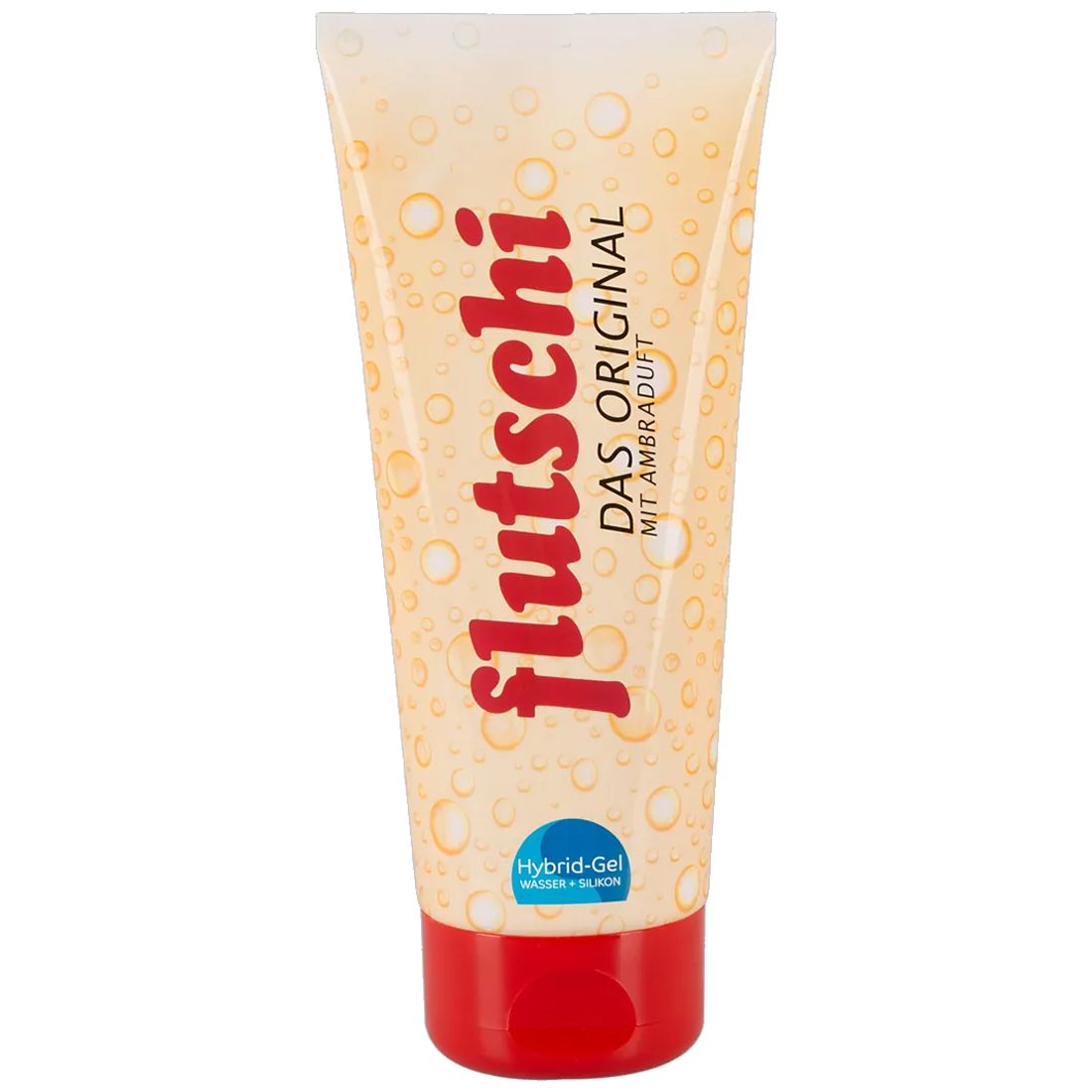 Tube mit Produktnamen 'Flutschi - das Original' und 'Mit Ambra-Duft'. Beige Tube mit rotem Deckel. Blasen-Design.