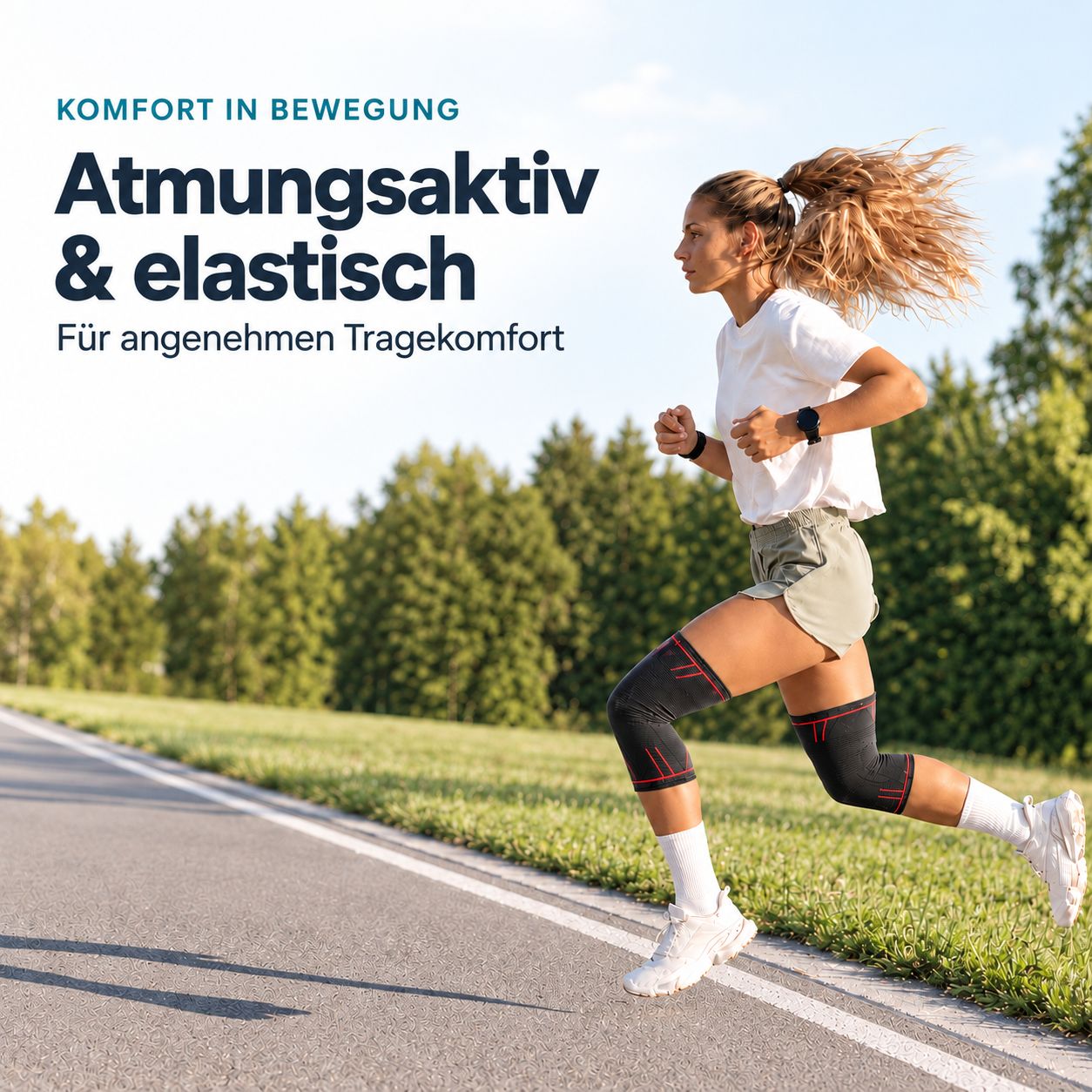 Läuferin trägt Kniebandagen beim Joggen. Atmungsaktives und elastisches Material.