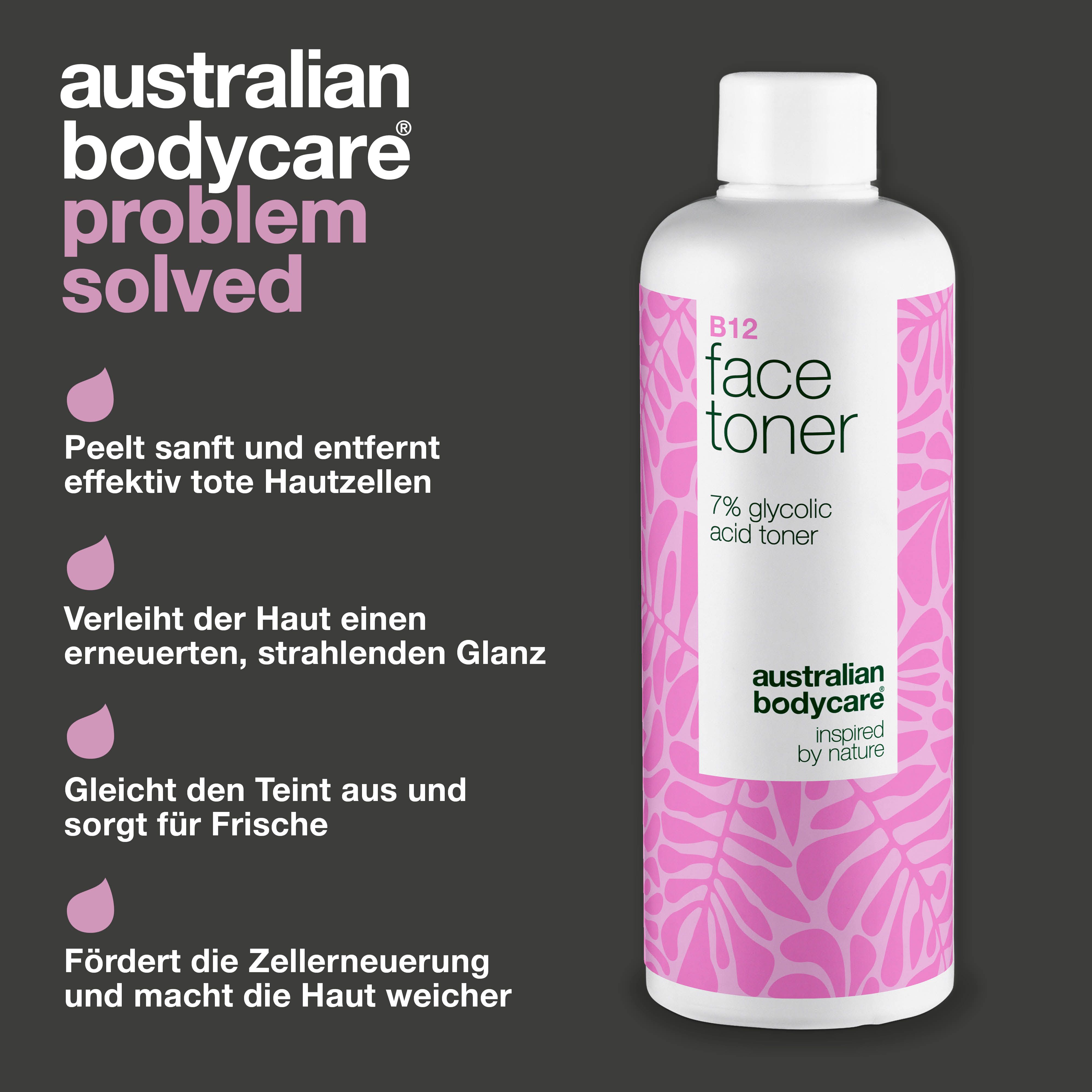 Produktabbildung mit Text. B12 Face Toner. Text: Exfoliert, erneuert, vereinheitlicht, fördert Zellerneuerung.