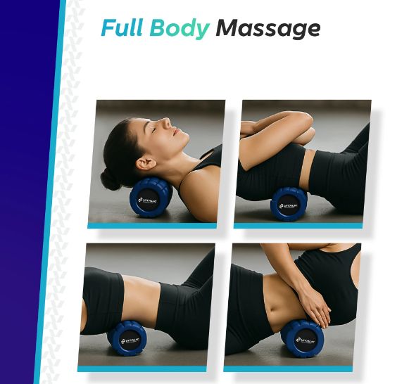 Vier Bilder zeigen Frauen, die einen blauen Mini-Foam Roller verwenden. 'Full Body Massage' Text oben.