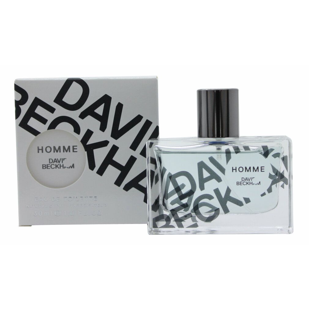 Flakon und Verpackung. Rechteckiger Flakon mit silbernem Deckel. Aufschrift "HOMME" und "DAVID BECKHAM". Verpackung mit Logo.