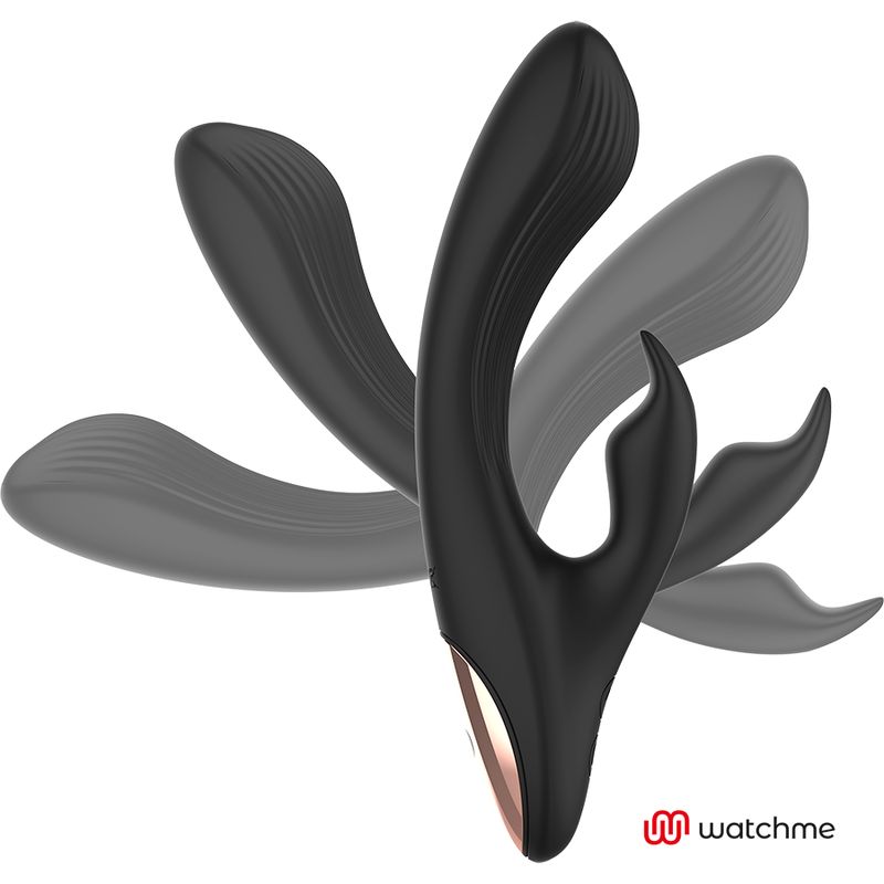 Schwarzer Vibrator mit geschwungener Form. Logo: watchme. Produkt zeigt geschwungene Form mit geriffelter Oberfläche.