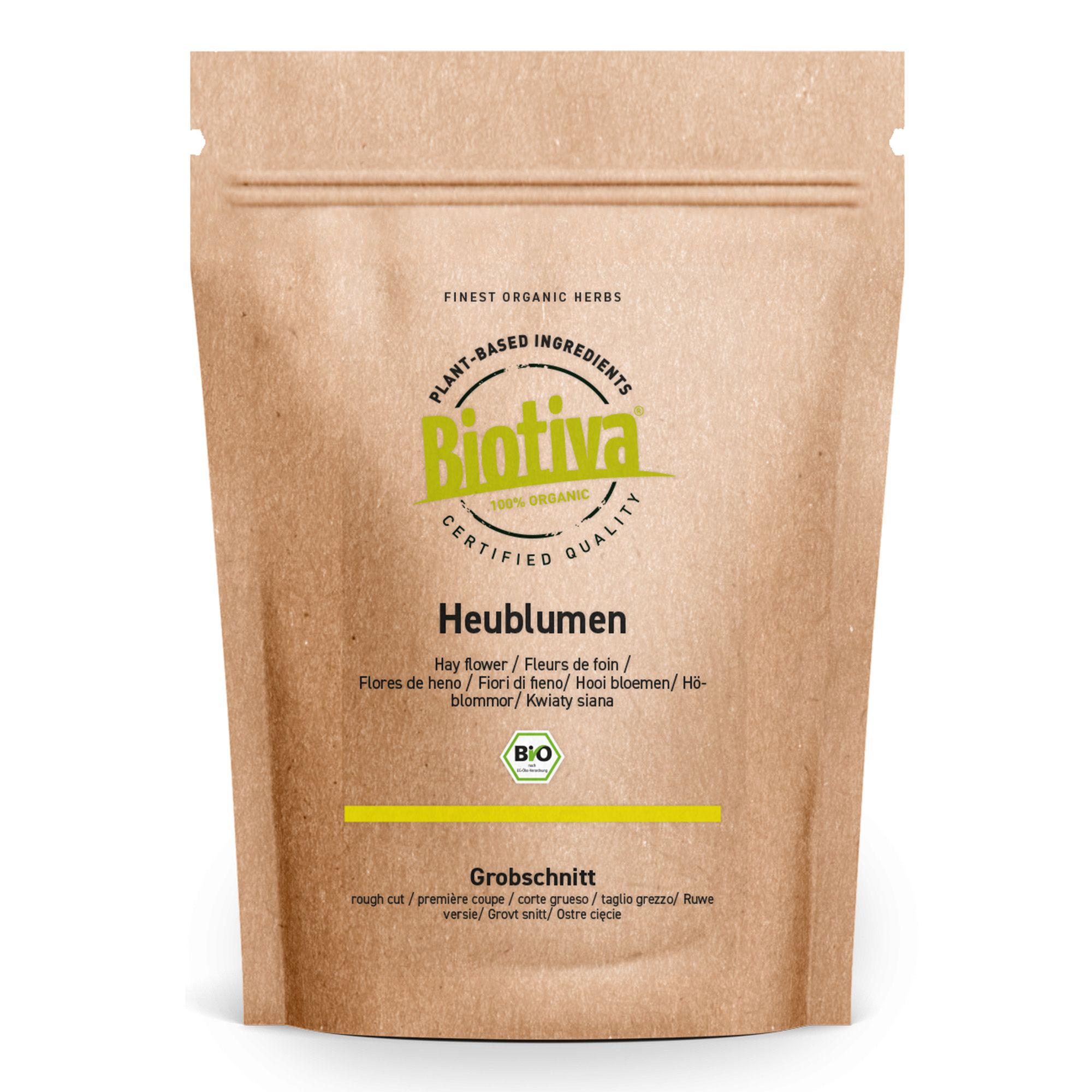 Beutel mit Heublumen. Marke Biotiva, Bio-Siegel. Aufschrift: Heublumen, Grobschnitt. Braune Papierverpackung mit gelbem Streifen.