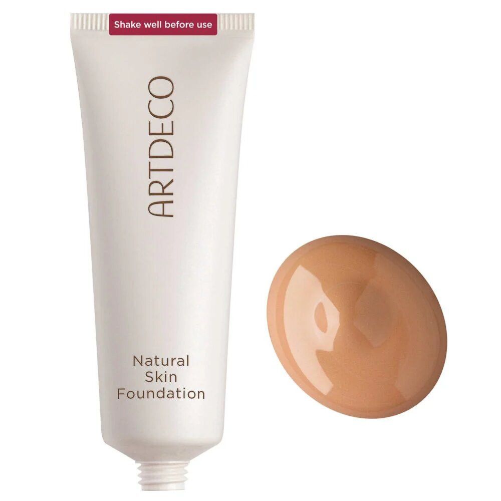 Tube mit Foundation und Farbprobe. Aufschrift: ARTDECO, Natural Skin Foundation. Text: Shake well before use.