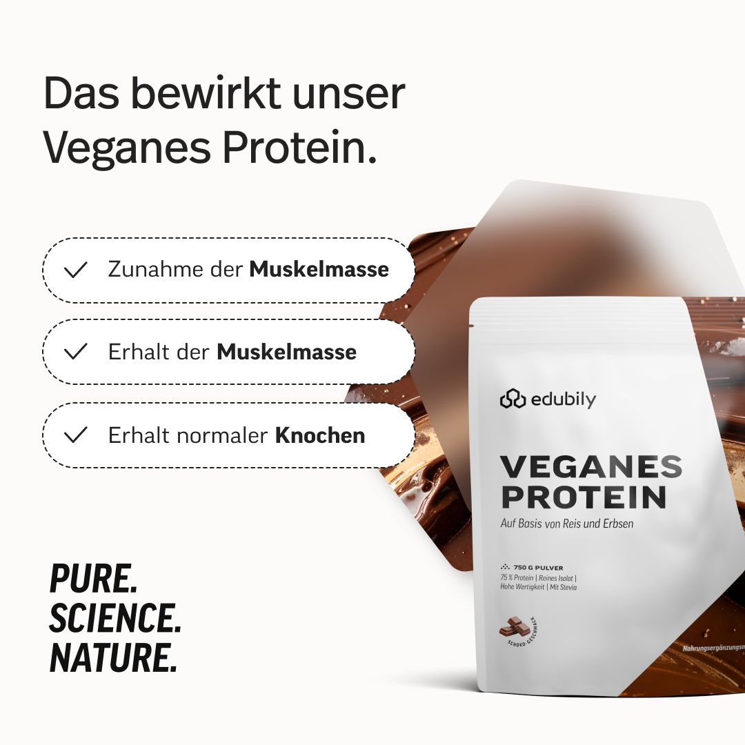 Unser Veganes Protein: Zunahme der Muskelmasse, Erhalt der Muskelmasse, Erhalt normaler Knochen.