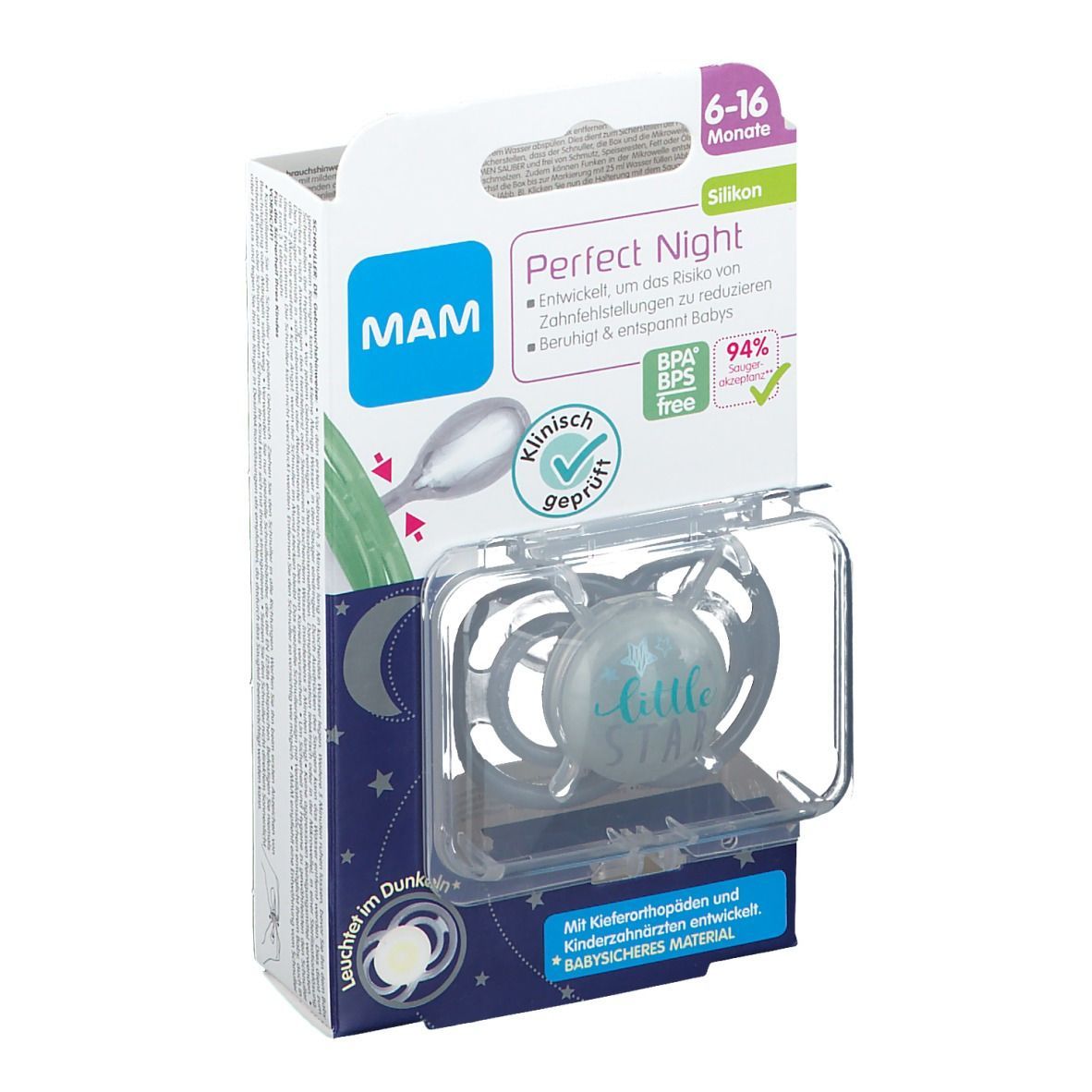 MAM Perfect Night 6+ Schnuller in Verpackung. Silikon, BPA/BPS-frei. Aufschrift 'little star'. Verpackung mit Produktinformationen.