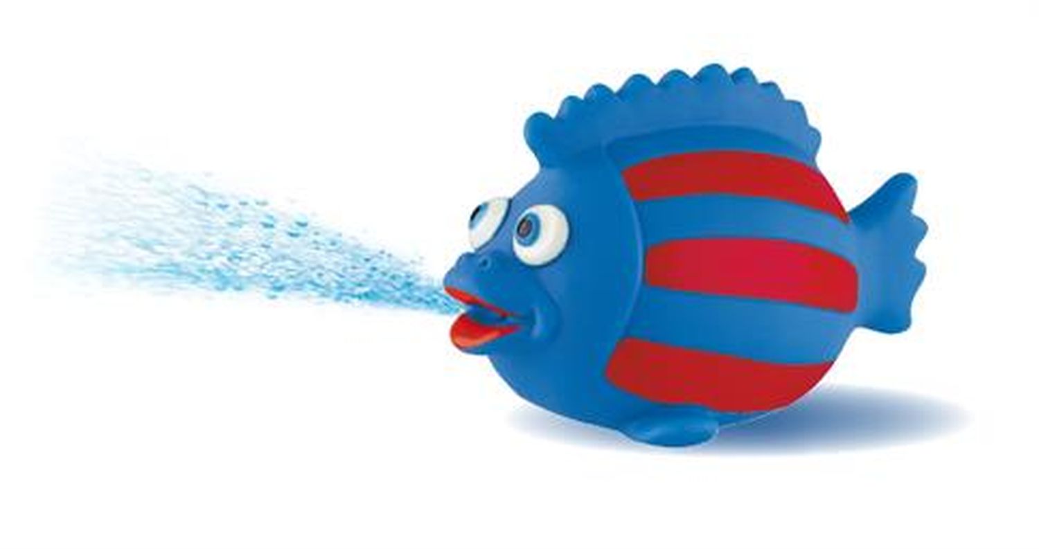Blauer Fisch mit roten Streifen, spuckt Wasser. Spielzeug mit Augen und Mund. Zijaanzicht.