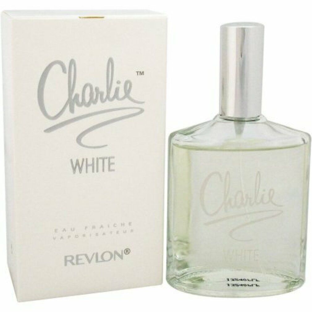 Flakon und Schachtel von Charlie White Eau Fraiche. Weißes Etikett mit Schriftzug. Revlon-Logo.