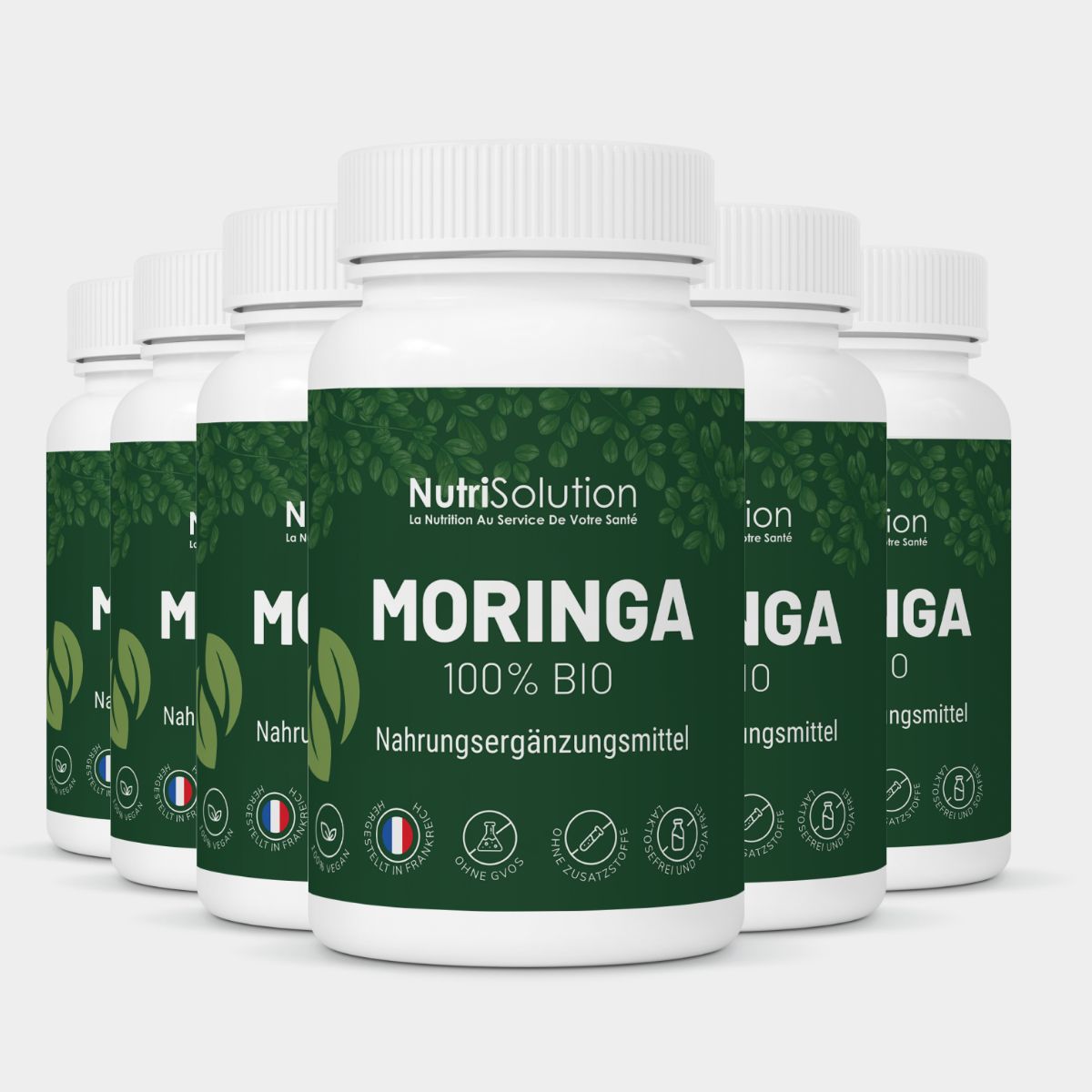 Sechs Flaschen NutriSolution Moringa 100% Bio Nahrungsergänzungsmittel.