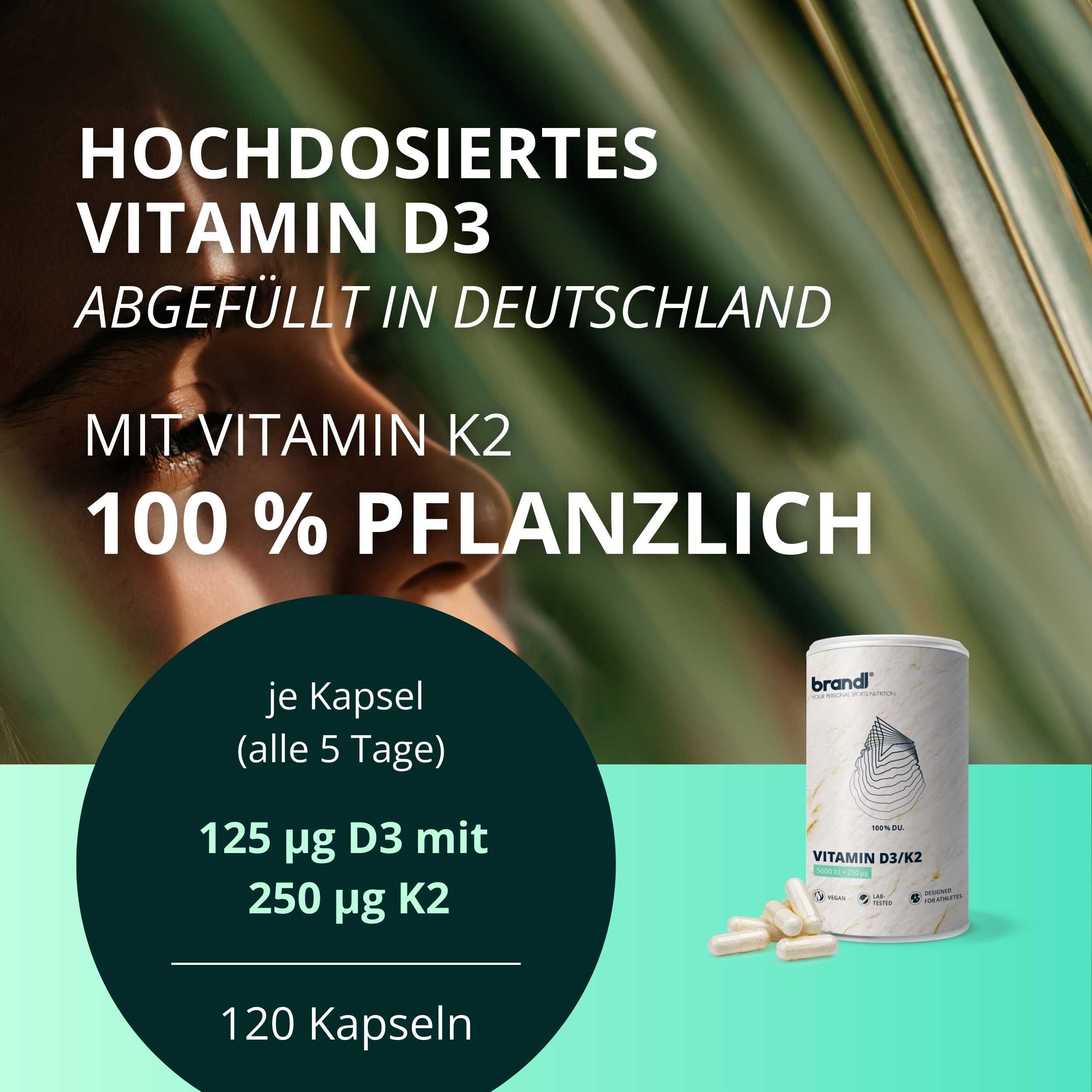Dose brandl® Vitamin D3 K2, Kapseln daneben. Text: Hochdosiertes Vitamin D3, 100% pflanzlich. 120 Kapseln.