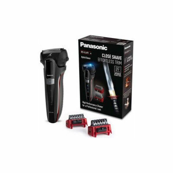 Elektrorasierer und Zubehör. Schwarzer Rasierer mit roter Akzentlinie. Verpackung mit Produktabbildung und Schriftzug Panasonic.