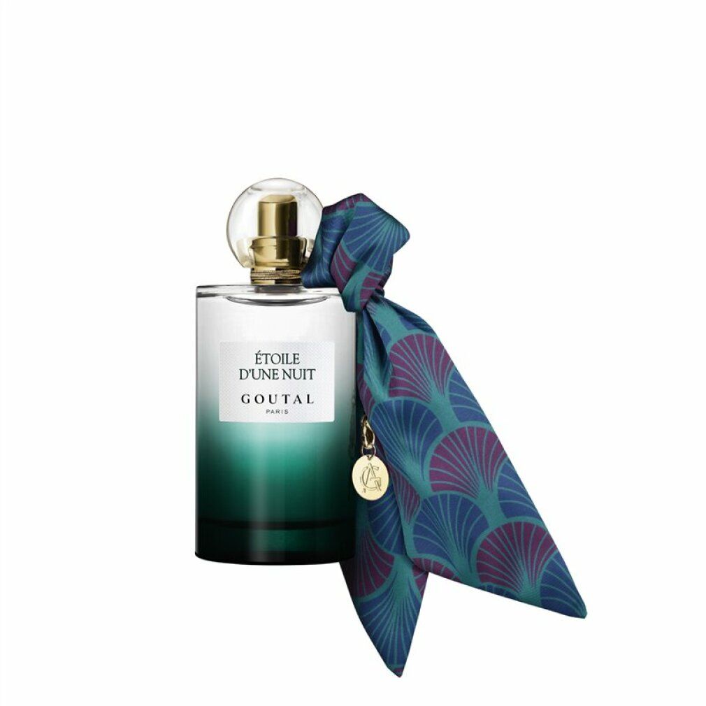 Goutal Paris Etoile d'Une Nuit Eau de Parfum Spray. Flakon mit grünem Farbverlauf, Schleife mit Muster und Anhänger.