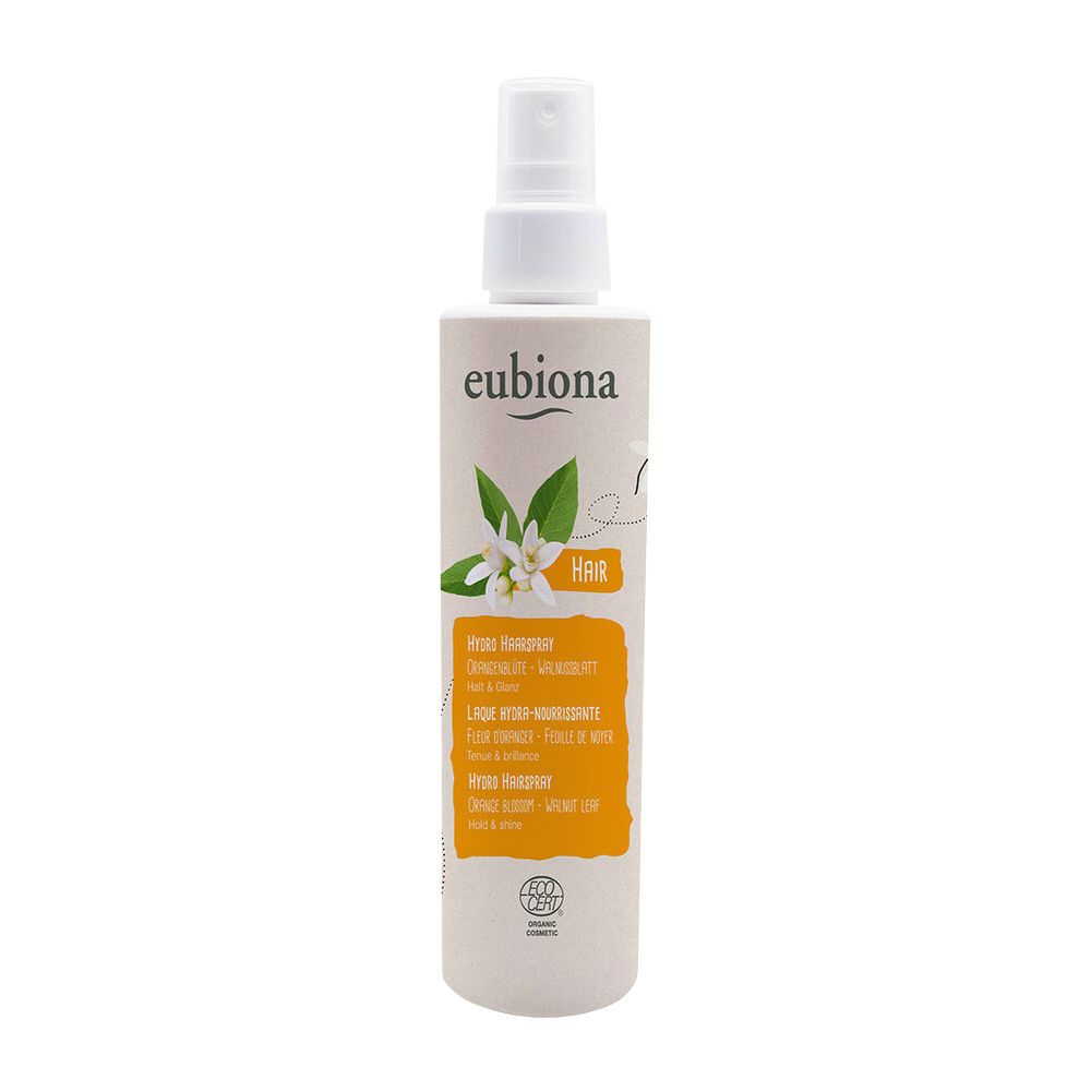 Haarspray-Flasche mit weißem Sprühkopf. Aufschrift: eubiona, Hydro Haarspray, Orangenblüte-Walnussblatt. Bio-Zertifizierung.