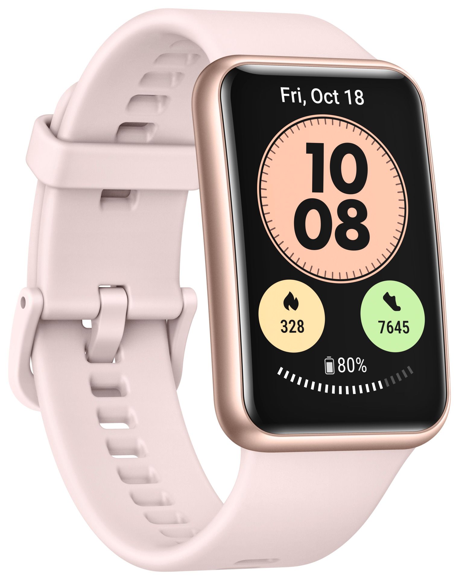 Sakura Pink Smartwatch mit rechteckigem Display. Zeigt Uhrzeit, Datum, Schritte, Kalorien und Akkustand an. Rosa Armband.