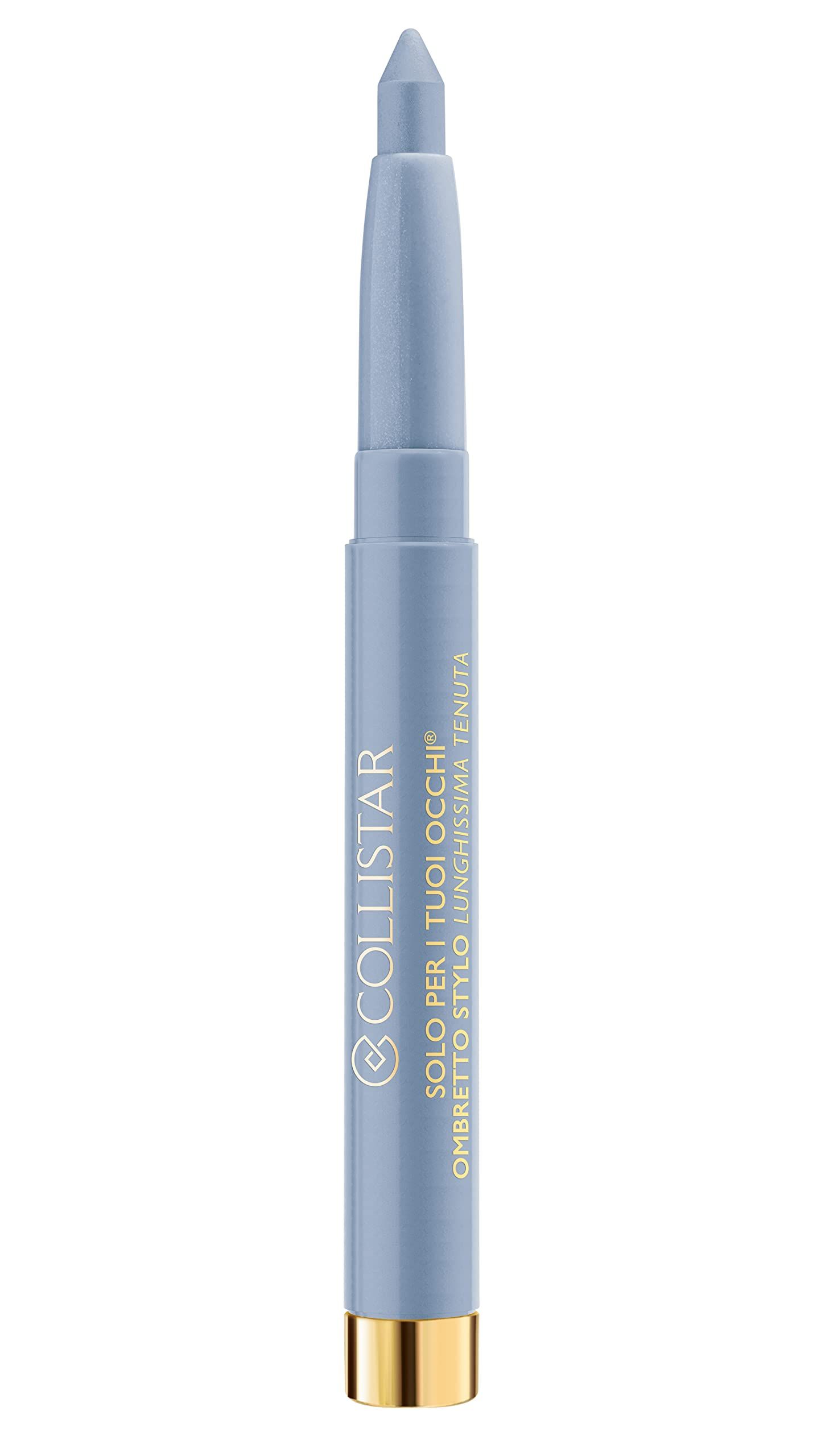 Hellblaues Augen-Make-up-Stift. Zylindrischer Stift mit goldfarbenem Boden. Text: COLLISTAR, OMBRETTO STYLO LUNGHISSIMA TENUTA.