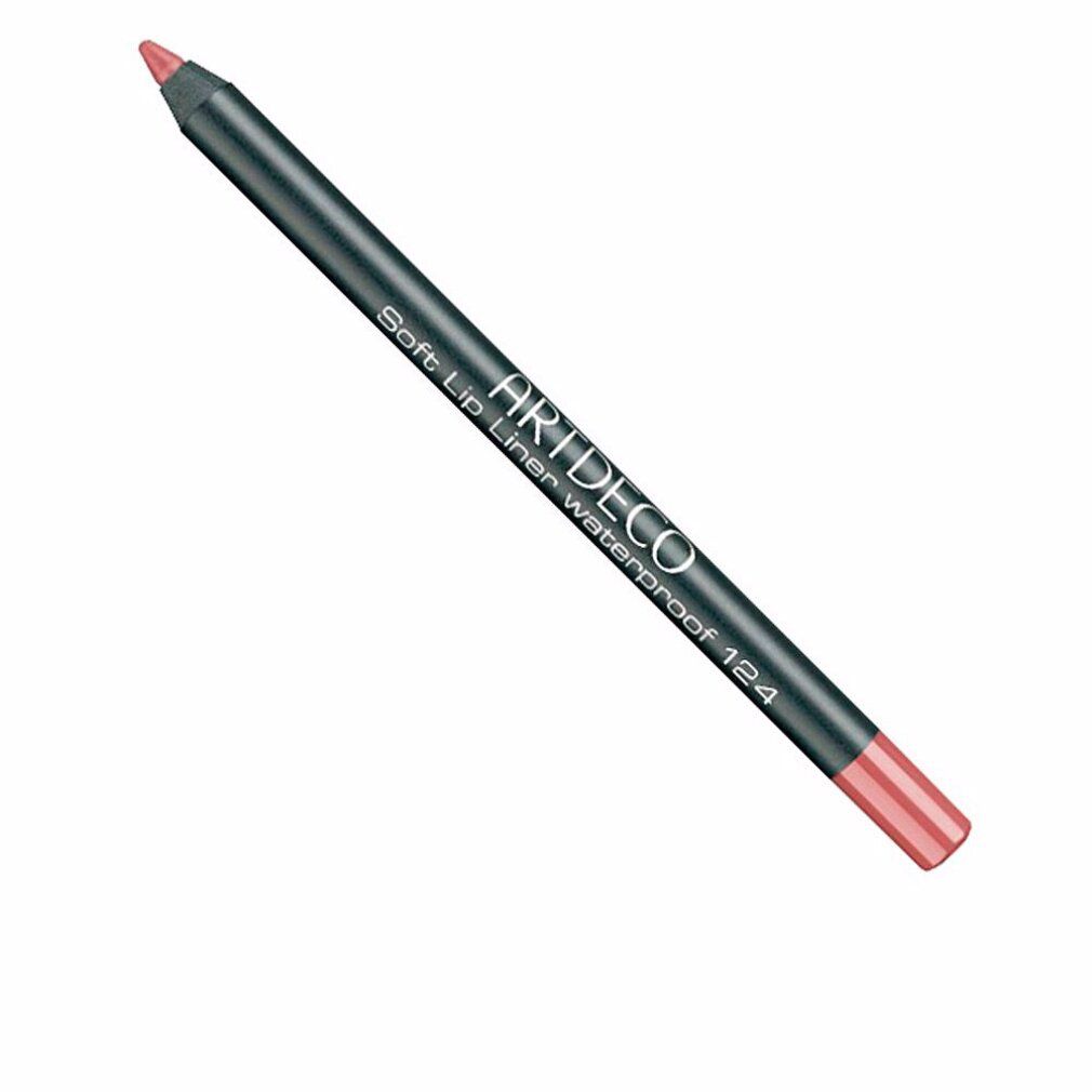 Lippenstift, dunkelgrau mit rosafarbenem Stiftende. Aufschrift: ARTDECO, Soft Lip Liner Waterproof 124.