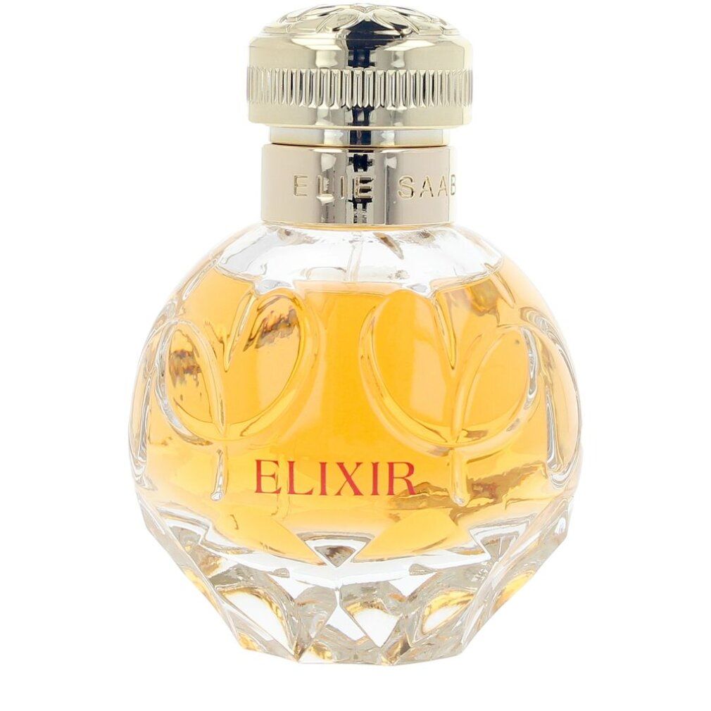 Runder Flakon mit goldfarbenem Verschluss. Aufschrift "ELIXIR" und "ELIE SAAB".