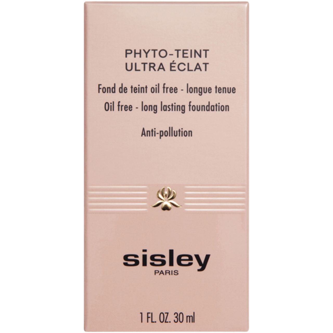 Sisley Phyto-Teint Ultra Eclat Foundation-Verpackung. Text: Oil free - long lasting foundation. 1 FL. OZ. 30 ml.