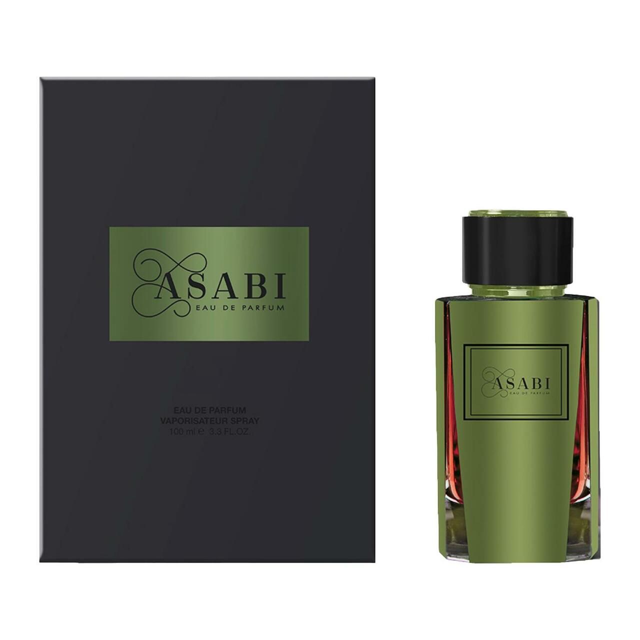 Grüne Flasche und schwarze Verpackung. Aufschrift "ASABI".