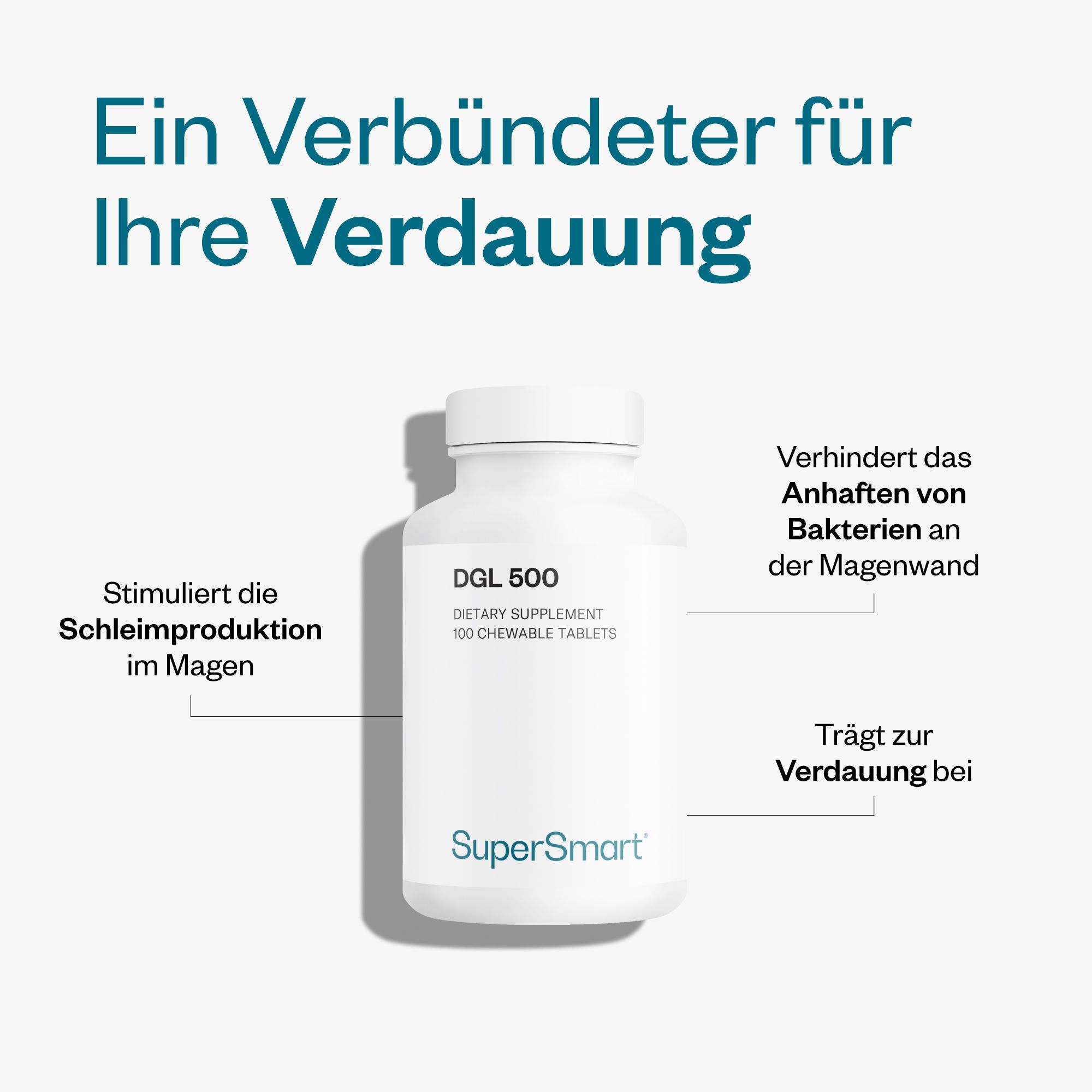Weiße Flasche DGL 500. Fördert die Verdauung. Verhindert das Anhaften von Bakterien. Stimuliert die Schleimproduktion. SuperSmart-Marke.