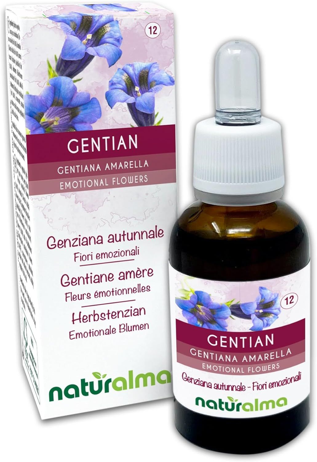 Braune Glasflasche mit Tropfer und Karton. Aufschrift: GENTIAN, GENTIANA AMARELLA, EMOTIONAL FLOWERS. Marke: naturalma.