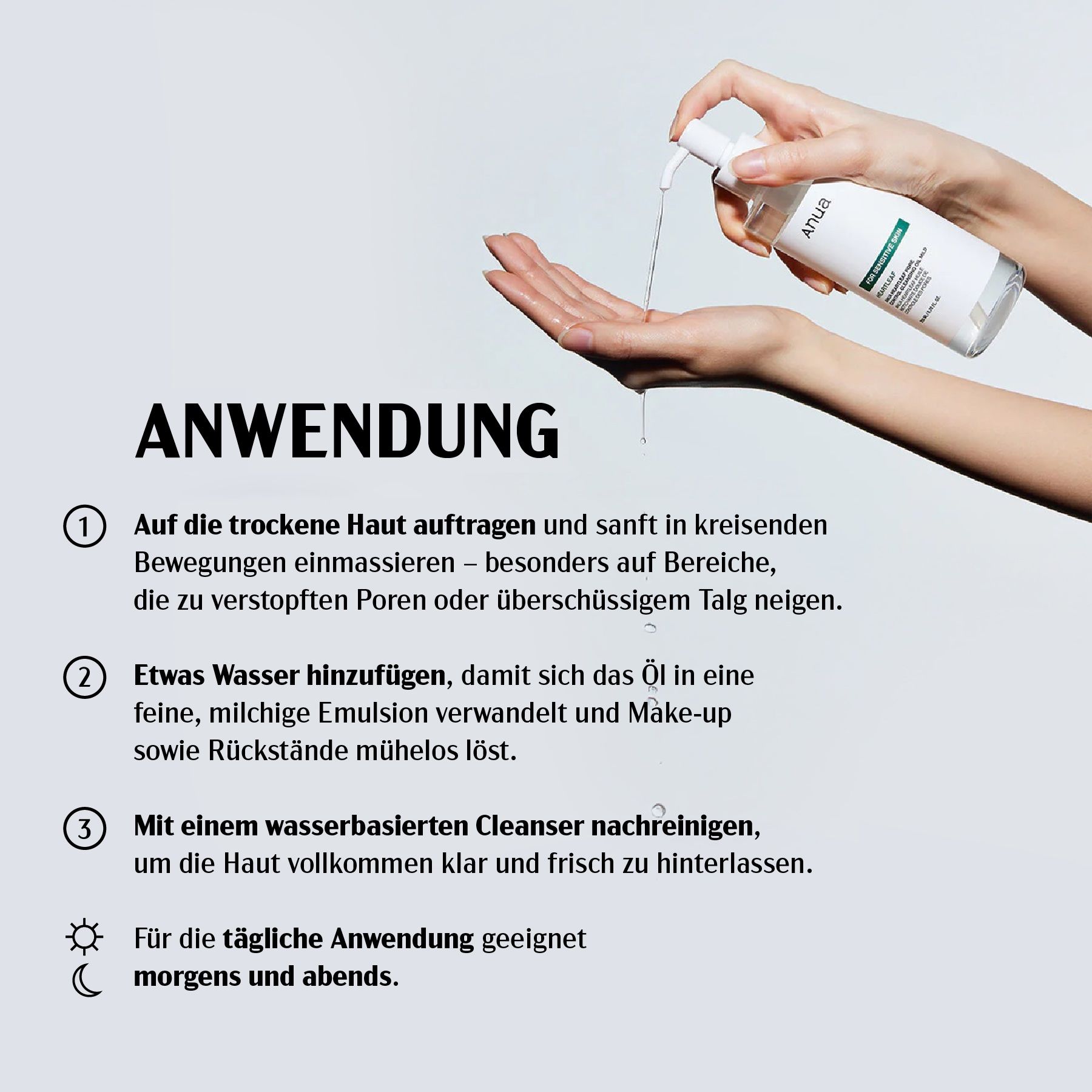 Hand mit Flasche. Öl wird aufgetragen. Text: Anua, FOR SENSITIVE SKIN, HEARTLEAF PORE CONTROL CLEANSING OIL MILD.
