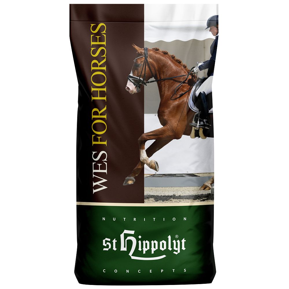 Verpackung mit Pferd und Reiter. Text: WES FOR HORSES, St. Hippolyt.