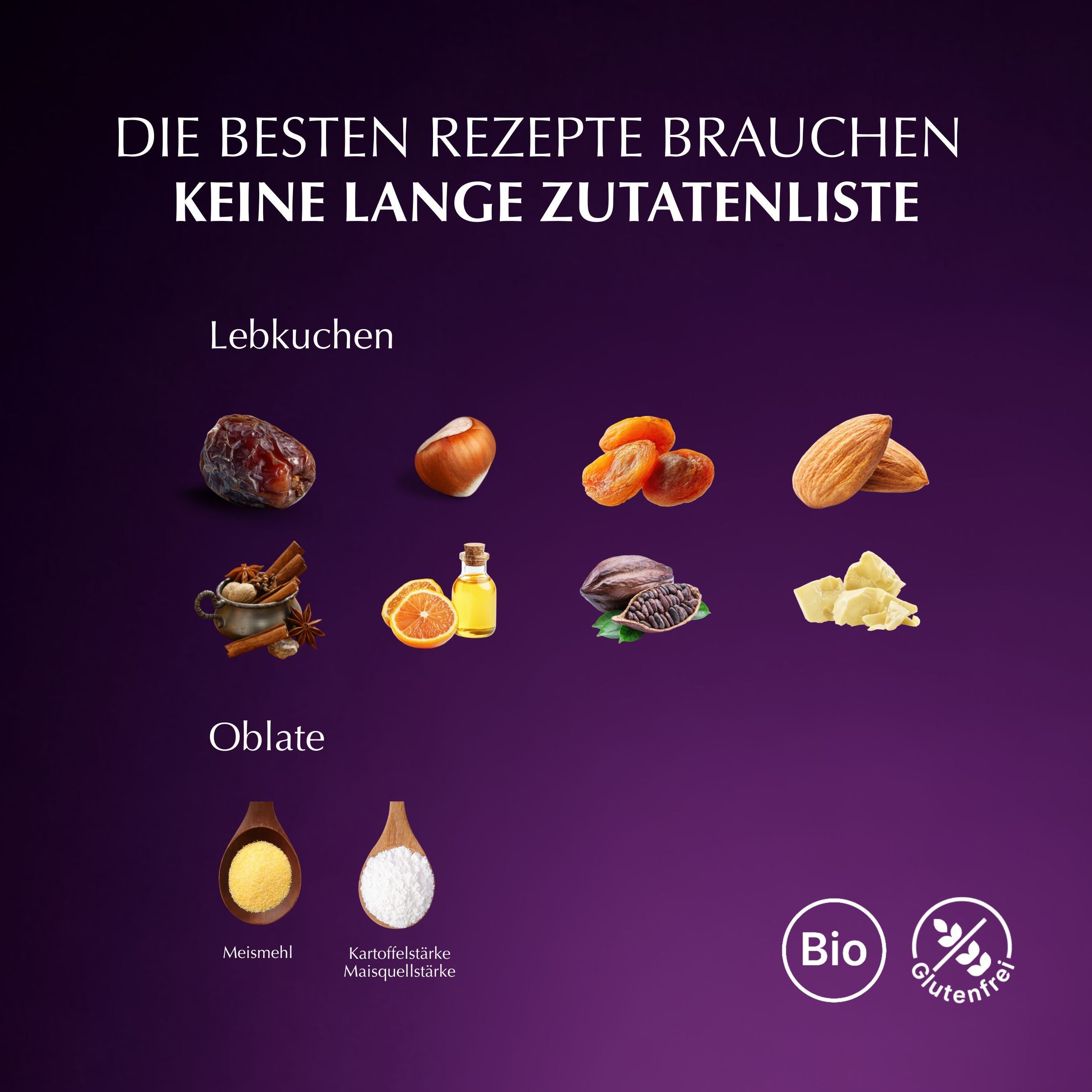 Zutaten für Lebkuchen: Datteln, Haselnuss, Aprikosen, Mandeln, Gewürze, Orange, Kakaobohnen, Butter. Oblaten: Mehl, Stärke.