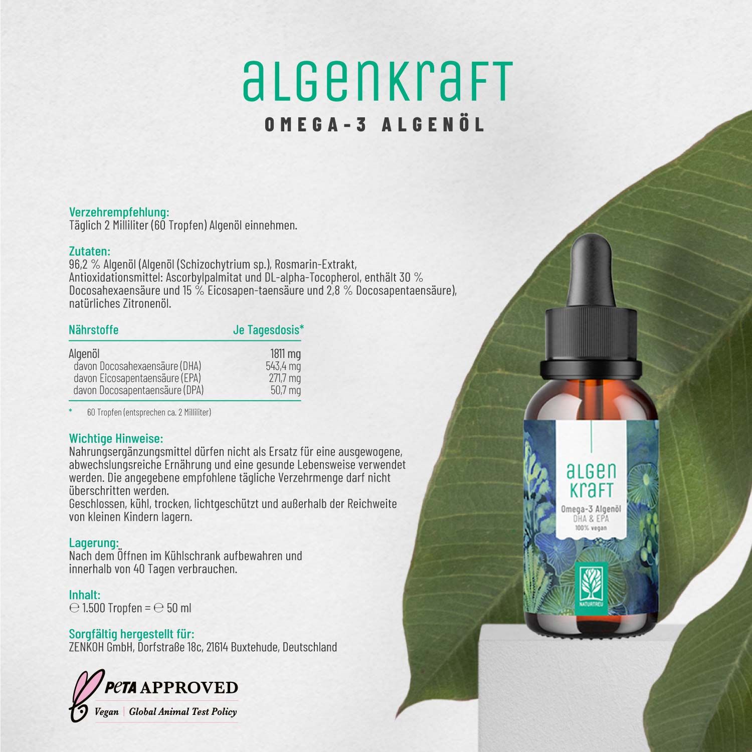 Omega 3 Algenöl Mit Dha And Epa Algenkraft Naturtreu® 50 Ml Shop