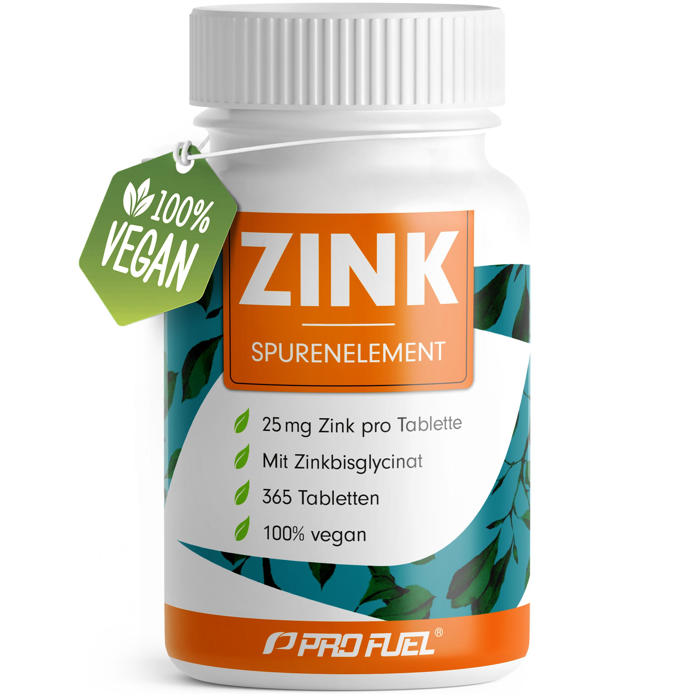 Weiße Flasche mit Zink-Tabletten. Aufschrift: ZINK Spurenelement, 25mg, 365 Tabletten, 100% vegan. Grünes Etikett: 100% vegan.