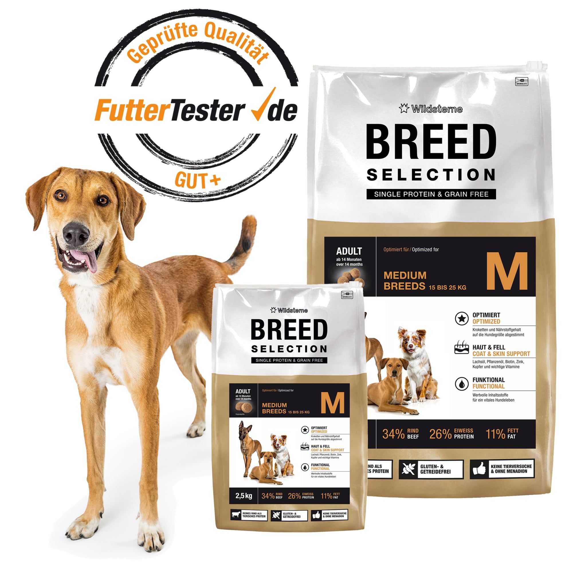 Hundefutter "Breed Selection Adult Medium Breeds M" mit Hund. "Geprüfte Qualität FutterTester.de".