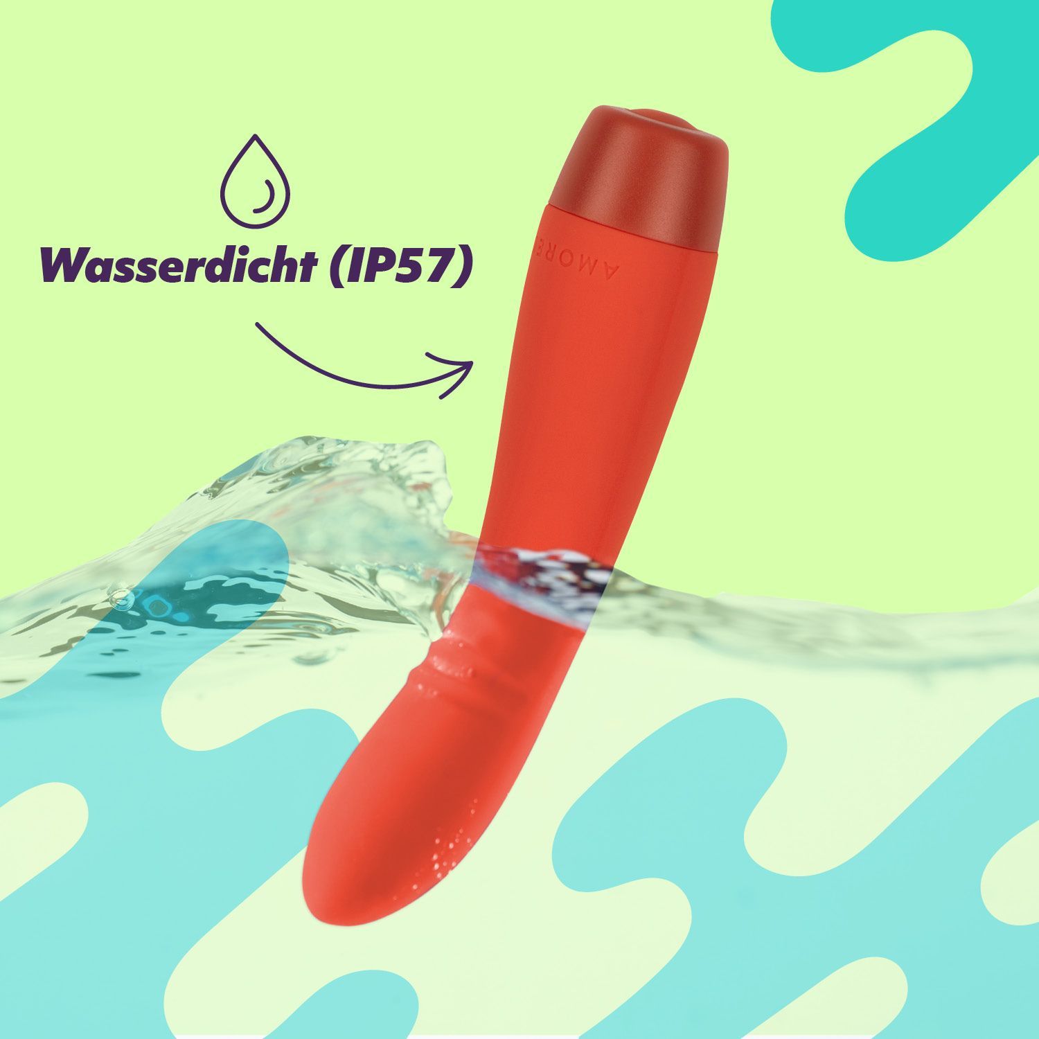 Roter Vibrator im Wasser. Text: Wasserdicht (IP57).