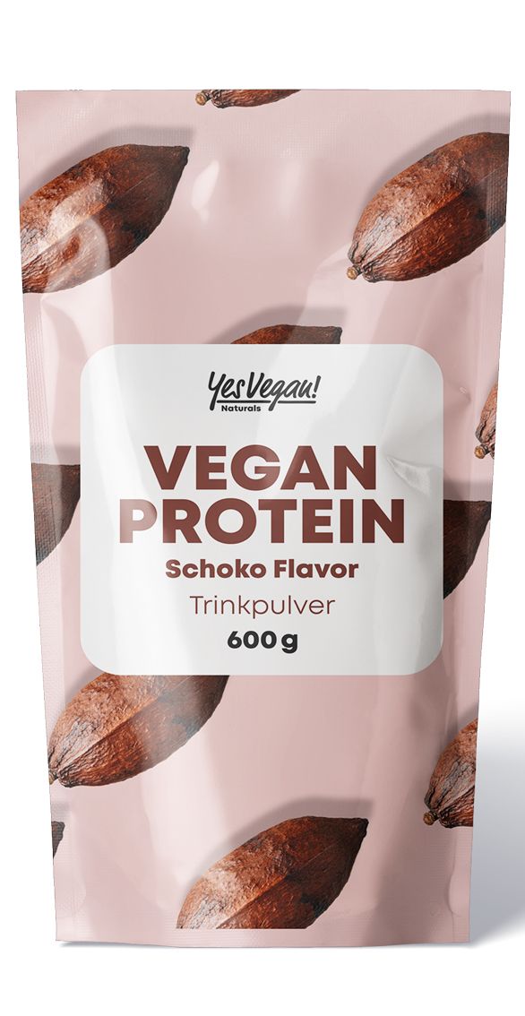 Veganes Proteinpulver Schokolade (600 g) in rosa Verpackung mit Kakaobohnen-Muster.