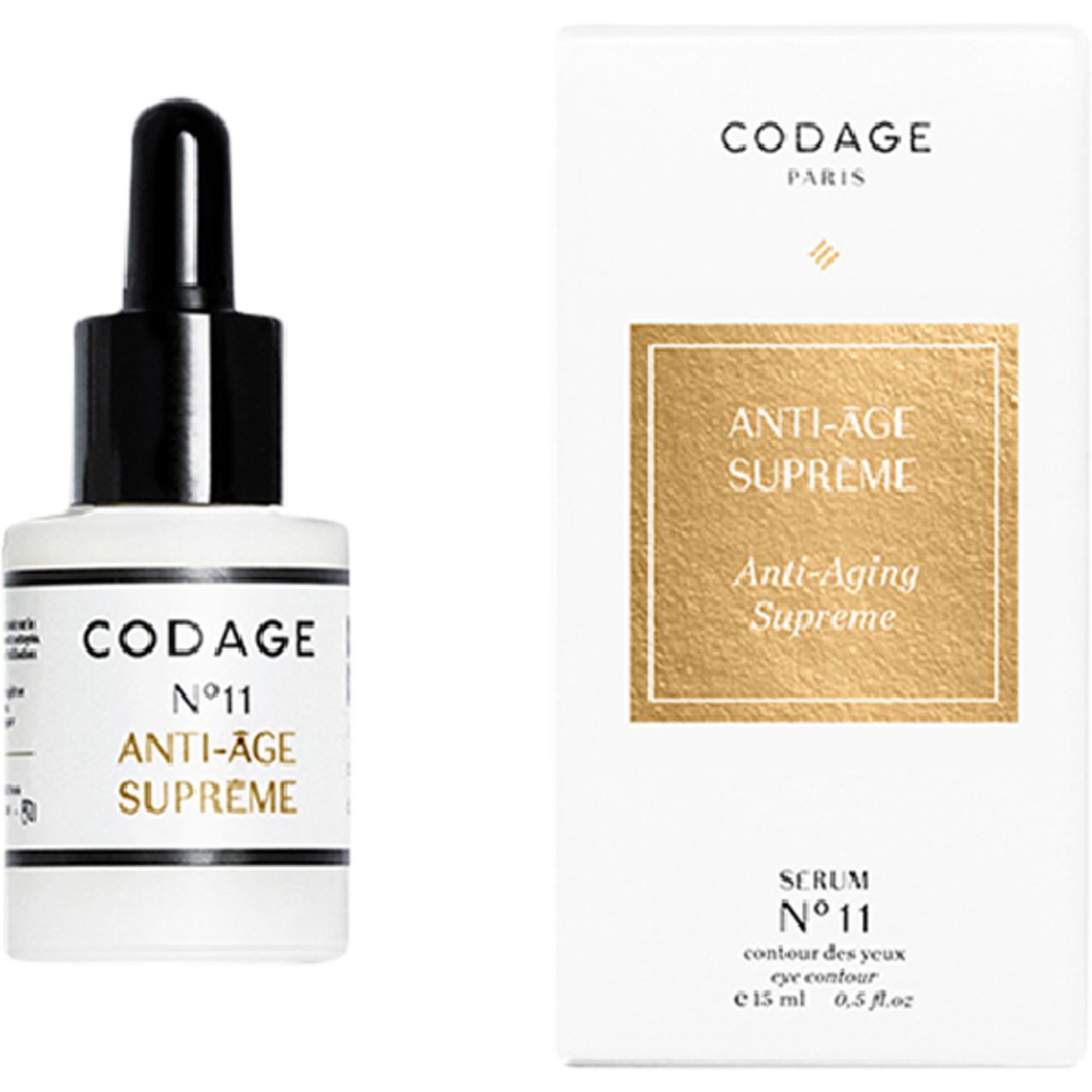 Flakon mit schwarzer Pipette und Verpackung. Aufschrift: CODAGE, N°11 ANTI-ÂGE SUPRÊME. Goldfarbene Schrift.